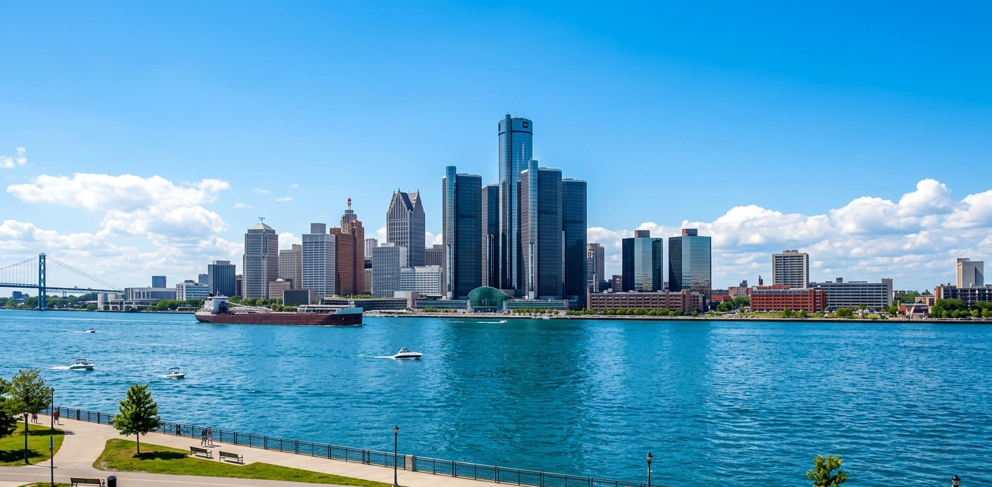 View of a city skyline across a river with boats and a park in the foreground on a sunny day.
