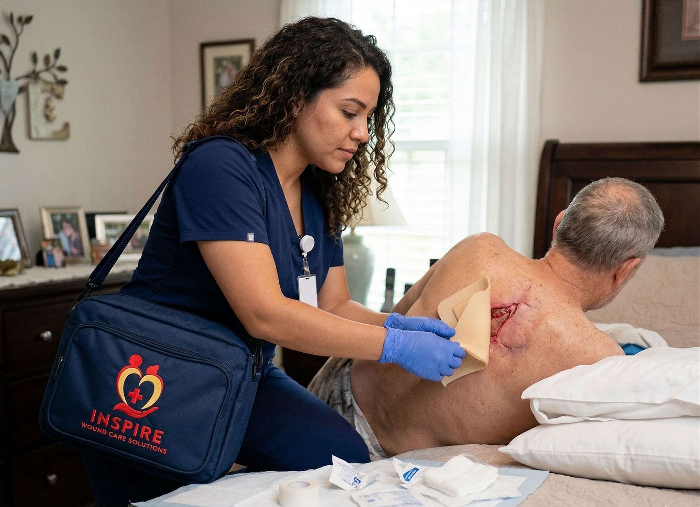 A nurse in navy scrubs and gloves dressing a wound on an elderly man's back in a bedroom.