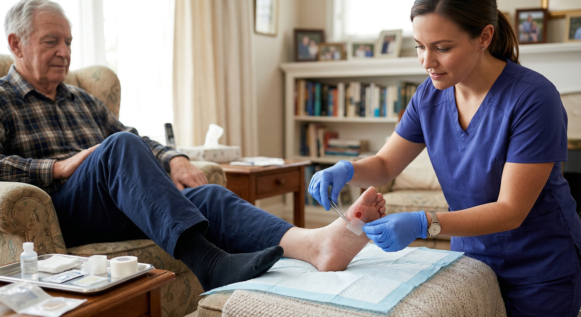 Nurse in blue scrubs and gloves changing an elderly man's bandage on his ankle in a living room.