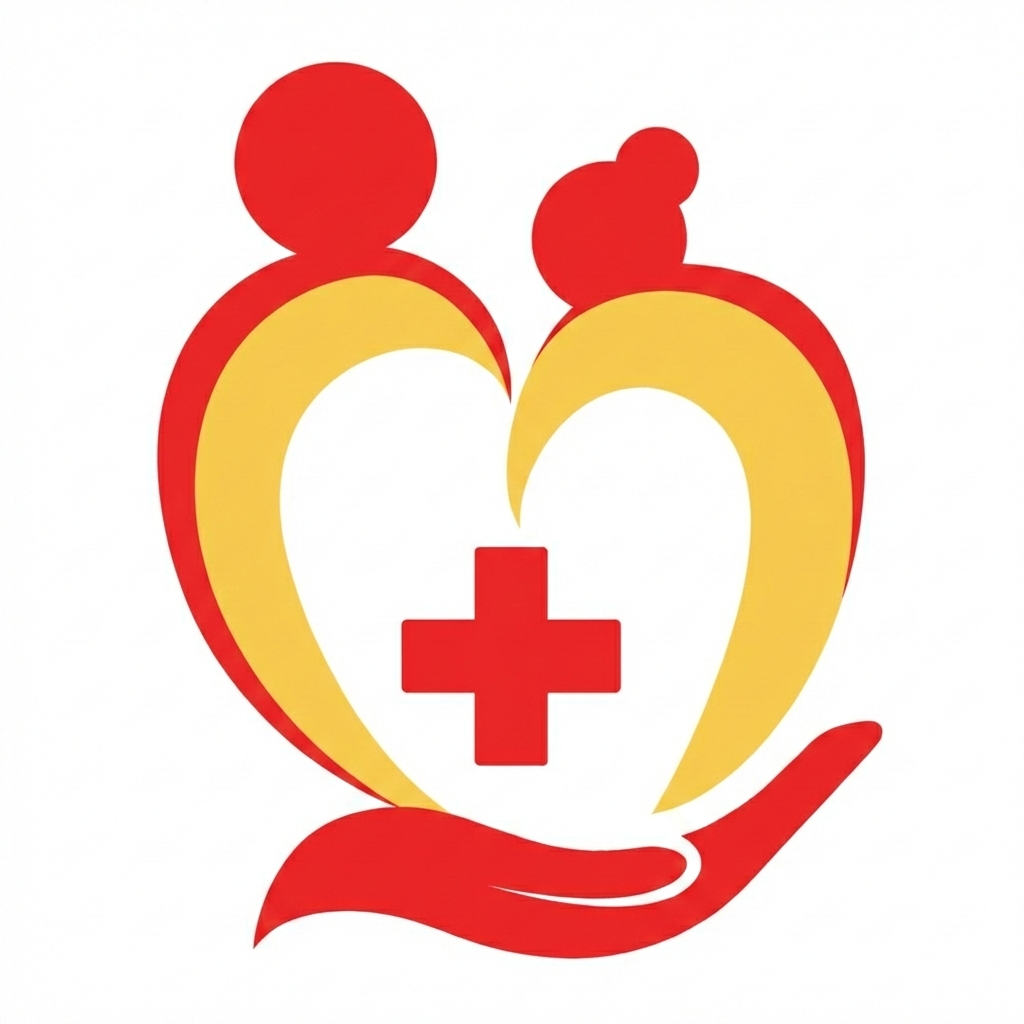 Graphic logo featuring two stylized human figures, a large red and yellow heart, a red cross, and a red hand at the bottom, symbolizing healthcare and compassion.