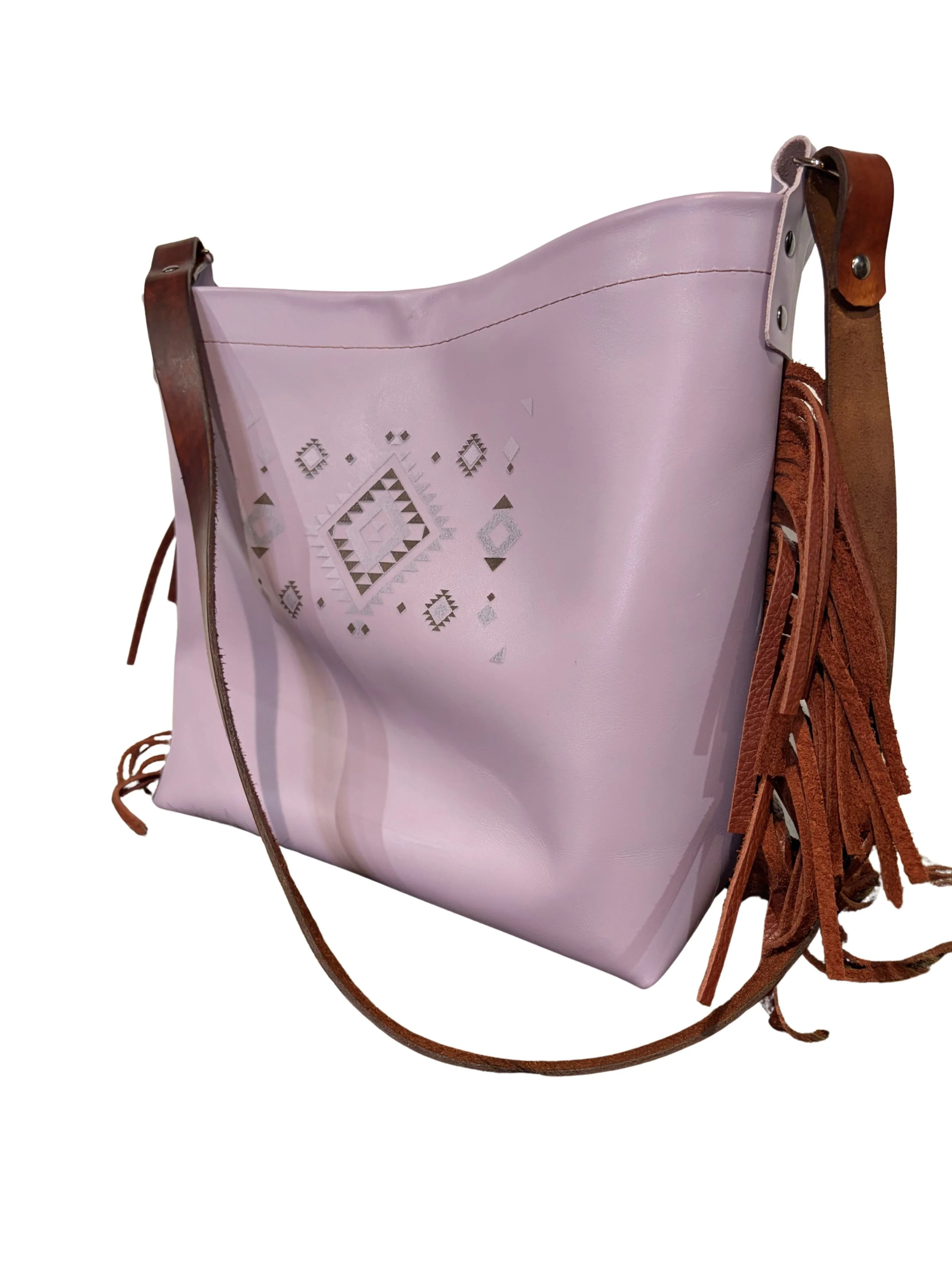Large tote, lavender with engraved design and tan fringe