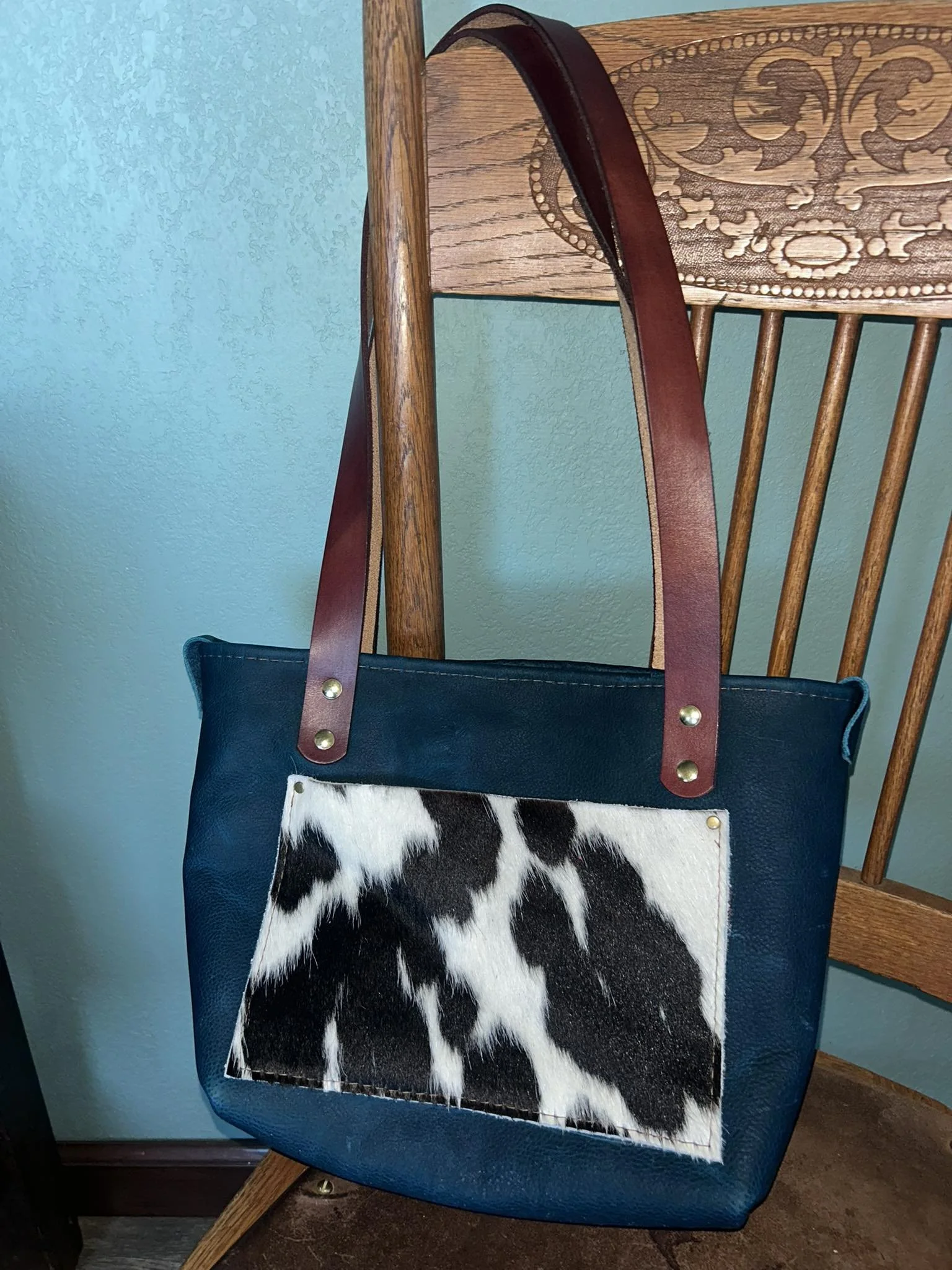 Mini tote, cobalt blue with cow hide pocket and two side straps