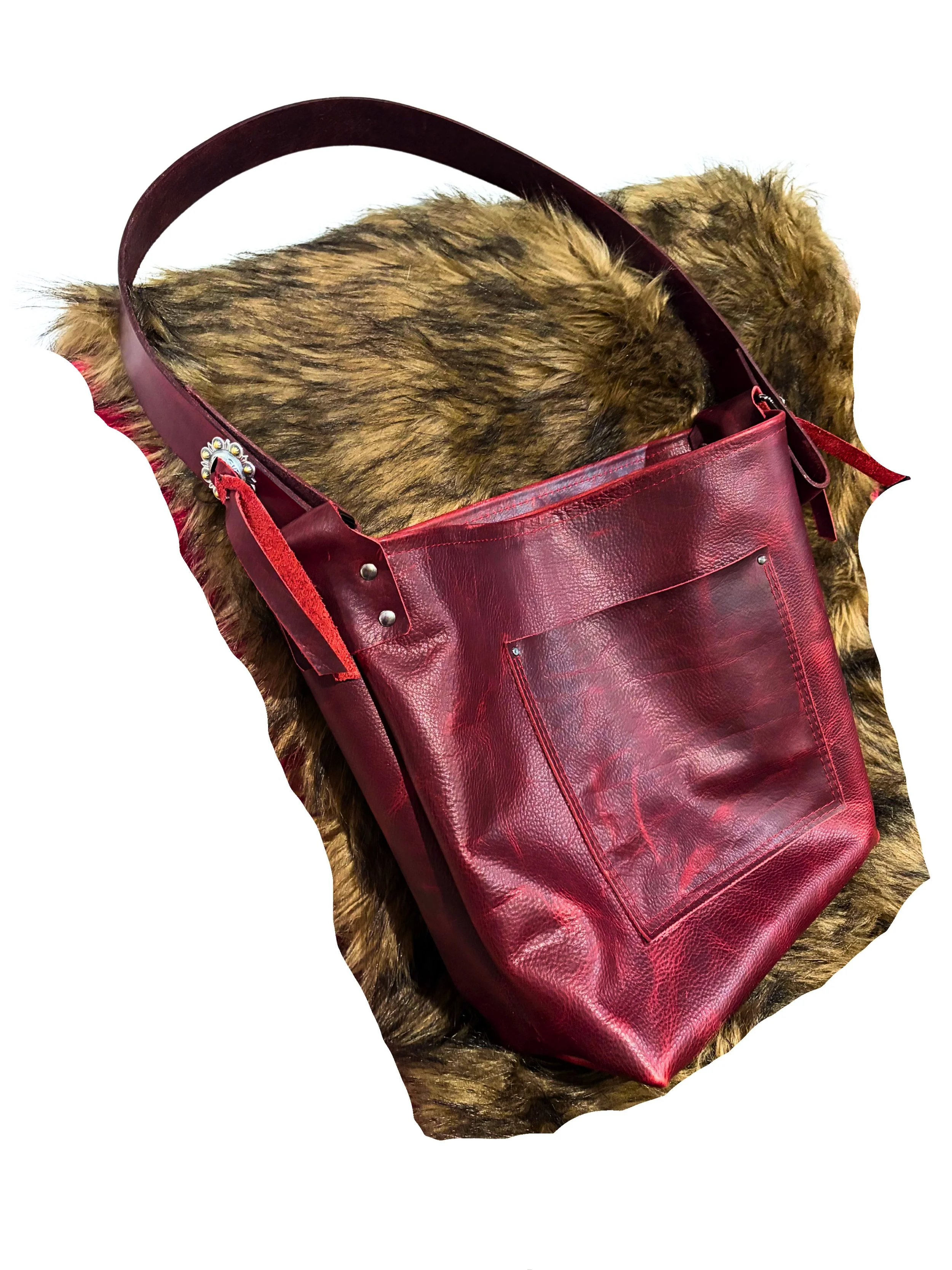 Large tote, crimson with silver concho detail