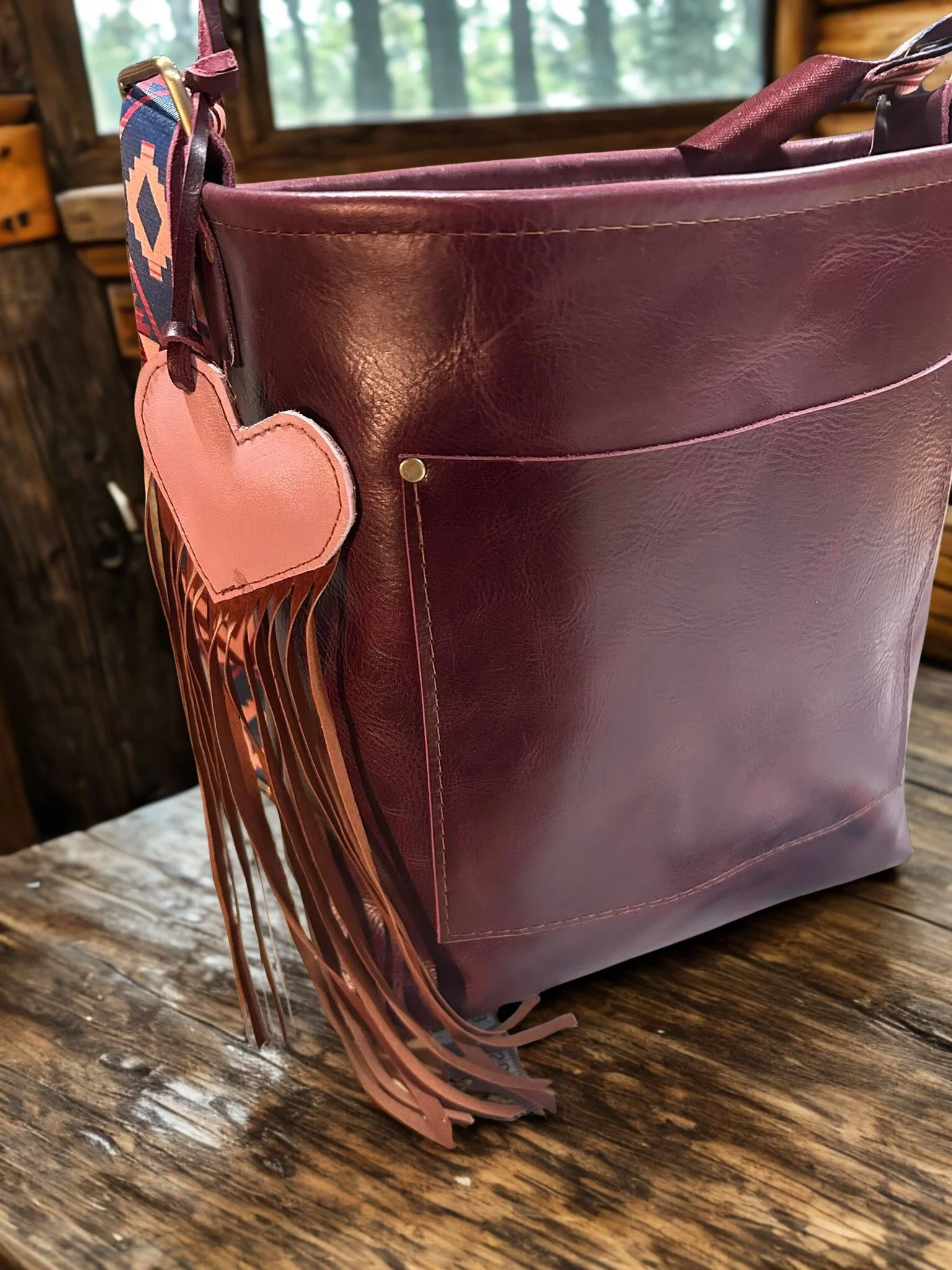 Large Tote, burgundy with Pendleton strap and fringe heart hanger
