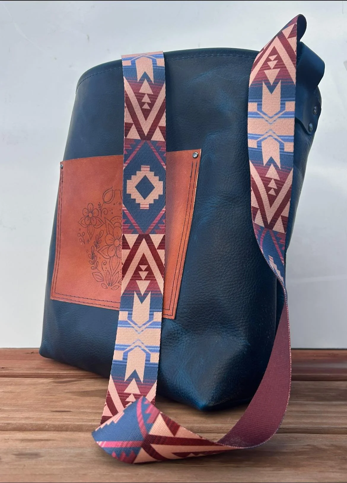 Large tote, cobalt blue with engraved pocket and Pendleton strap