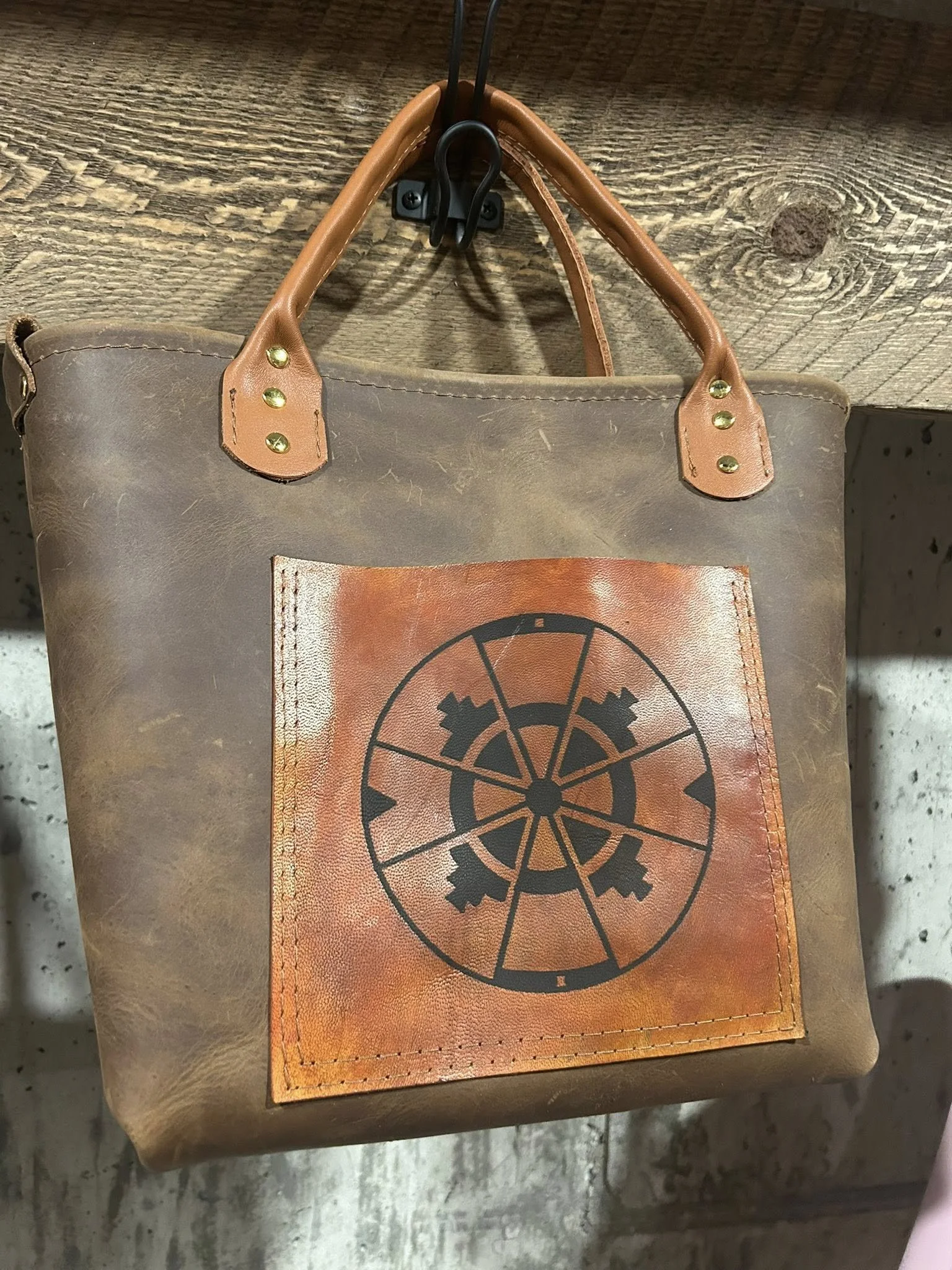 Mini tote, brown with engraved pocket detail