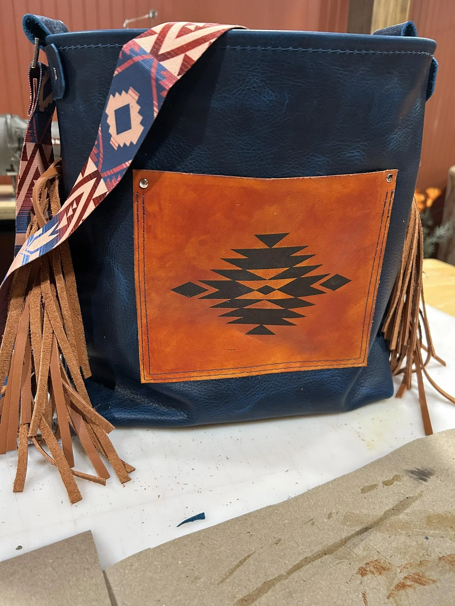 Large tote, cobalt blue with southwest design pocket and Pendleton strap