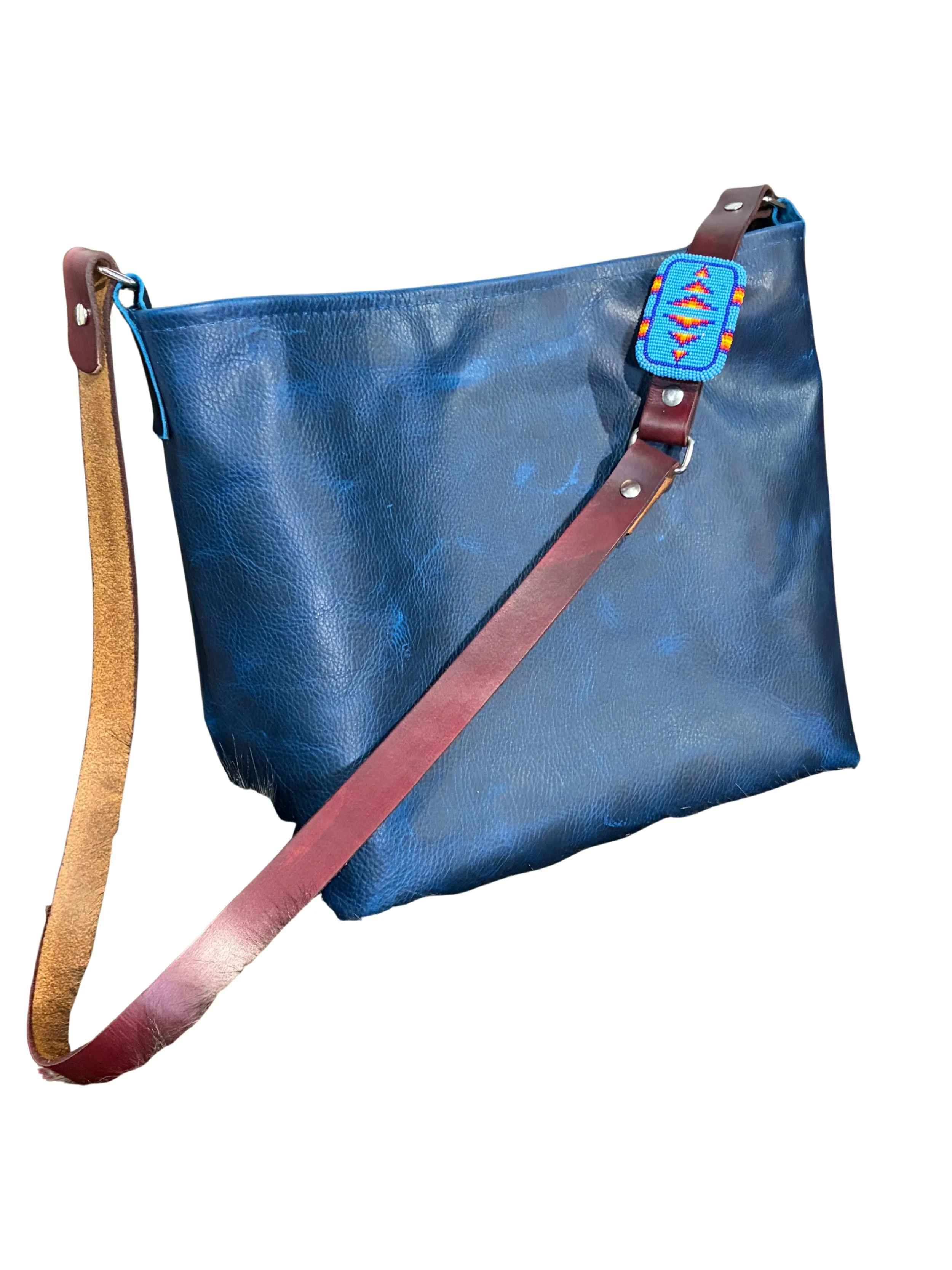 Large tote, cobalt blue with beaded belt buckle detail (buckle supplied by customer)