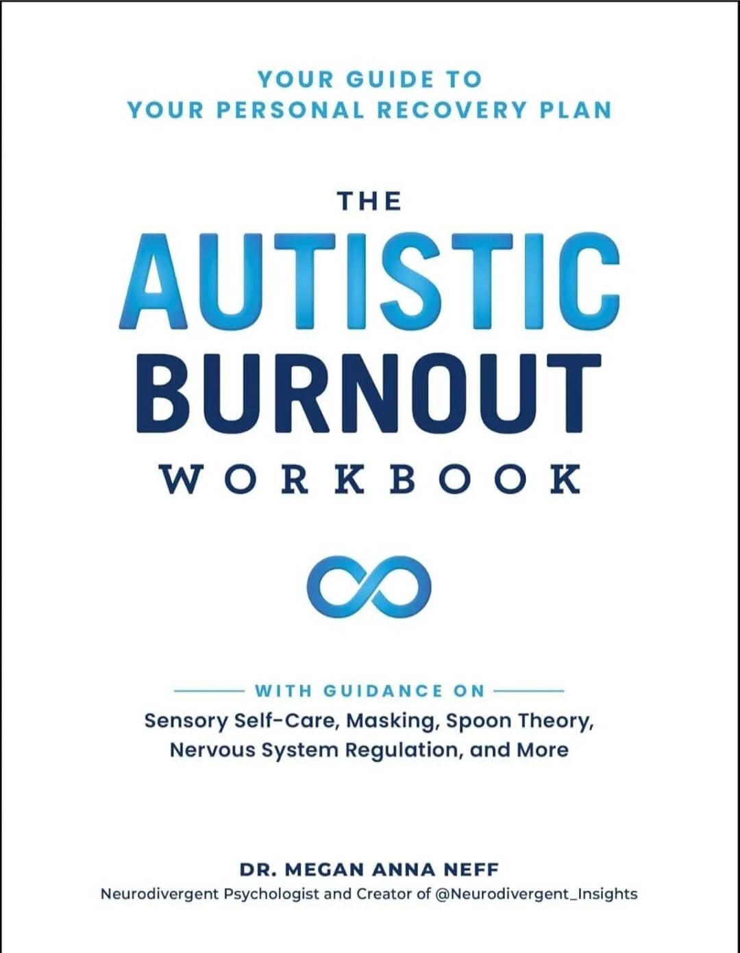 Cover of a workbook titled 'The Autistic Burnout Workbook' by Dr. Megan Anna Neff, with guidance topics including sensory self-care, masking, Spoon Theory, nervous system regulation, and more.