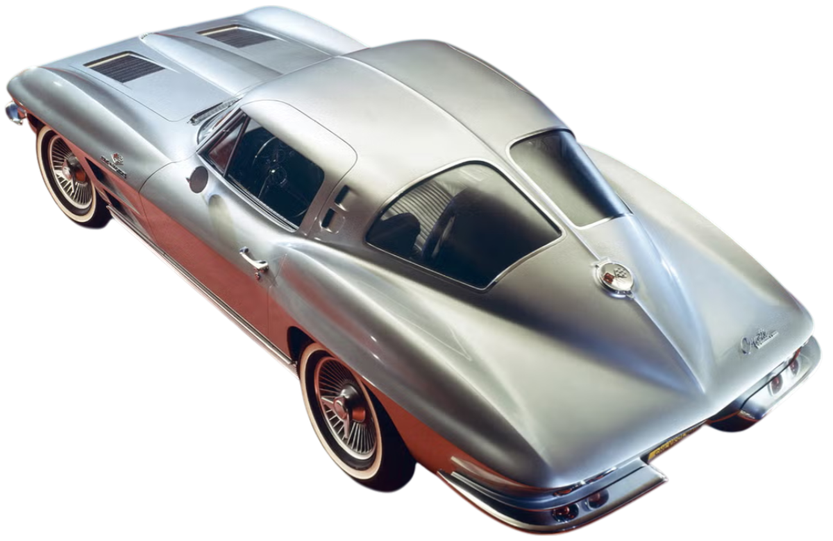 A classic silver vintage sports car viewed from above with sleek curves and a low profile.