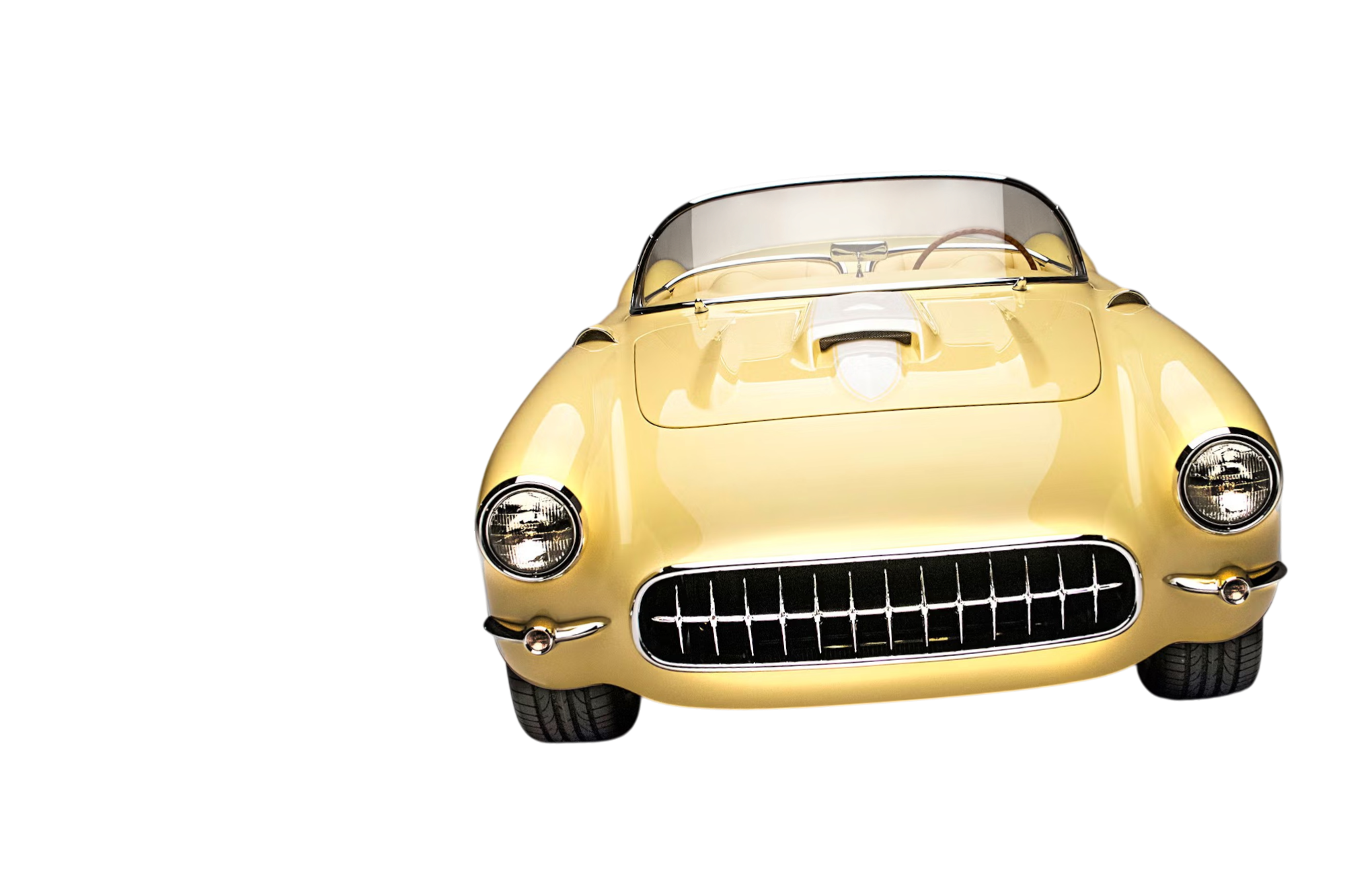 A vintage yellow convertible sports car with a rounded front, chrome grille, and large headlights, positioned on a black background.