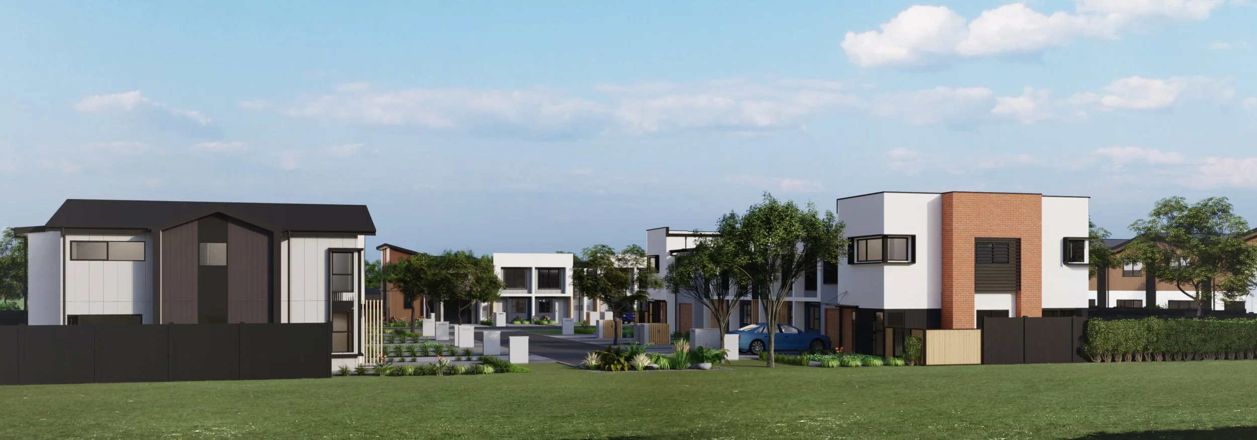 Modern residential neighbourhood render with contemporary white and brick houses, surrounded by green trees and lawns, under a blue sky with scattered clouds.