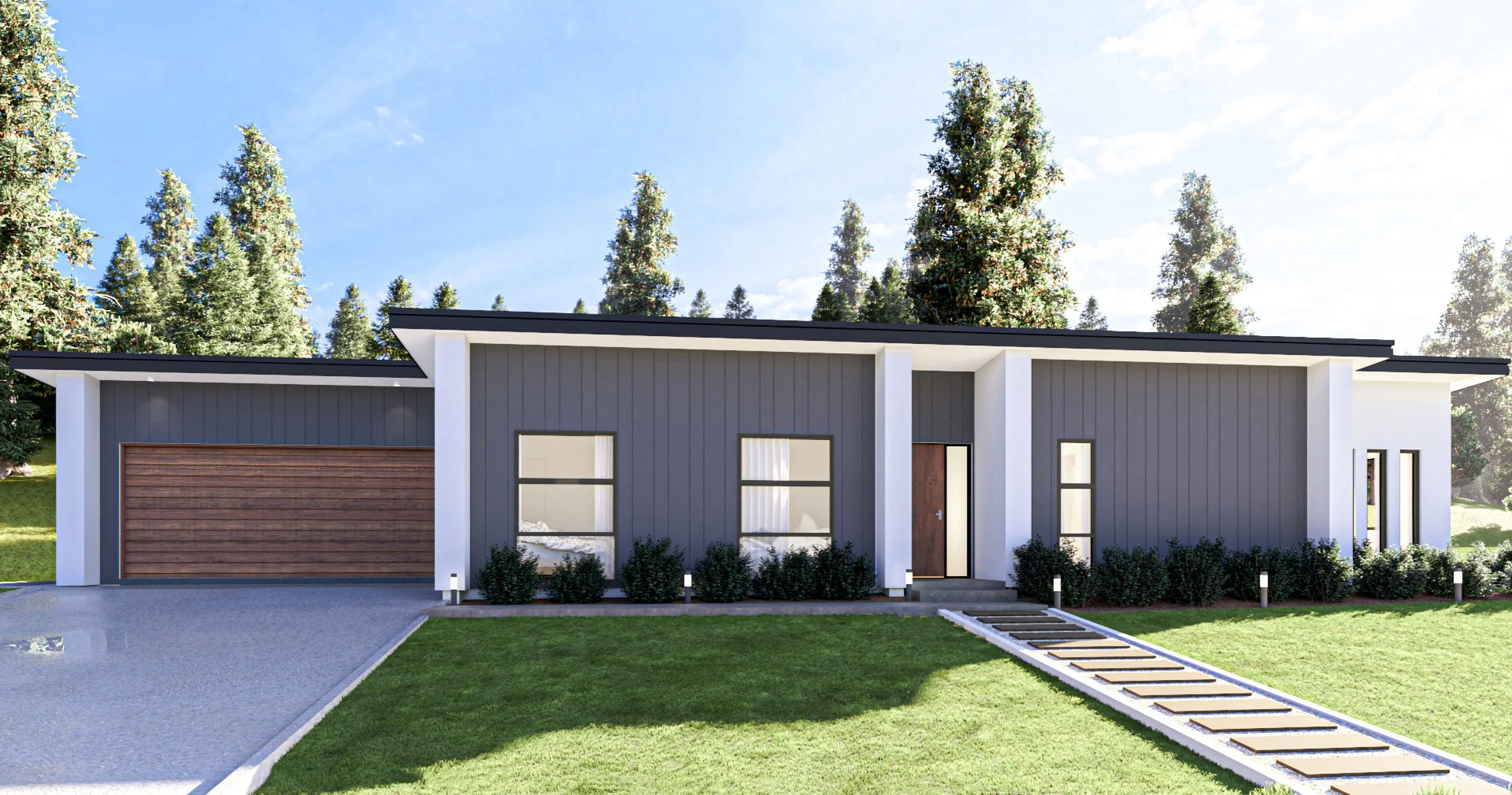 Exterior render of Wilton, a turn-key home by Gillies Group for Maymorn Farm showcs big windows, a double garage and lush front yard