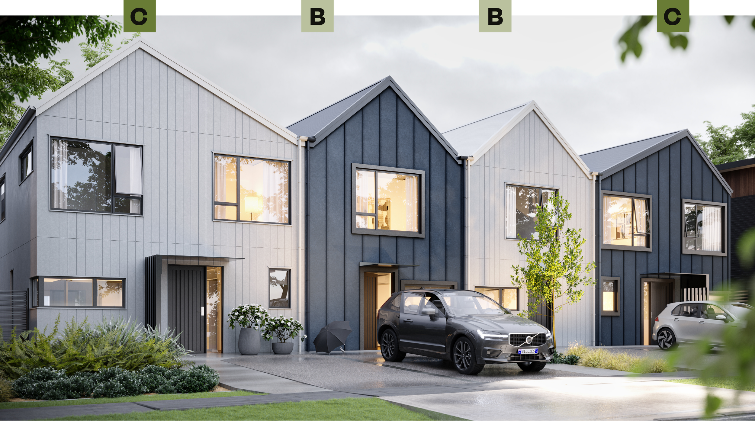 Type C and Type B townhouses for Wallaceville Estate's Trackside development feature light and dark exteriors, large windows and landscaping
