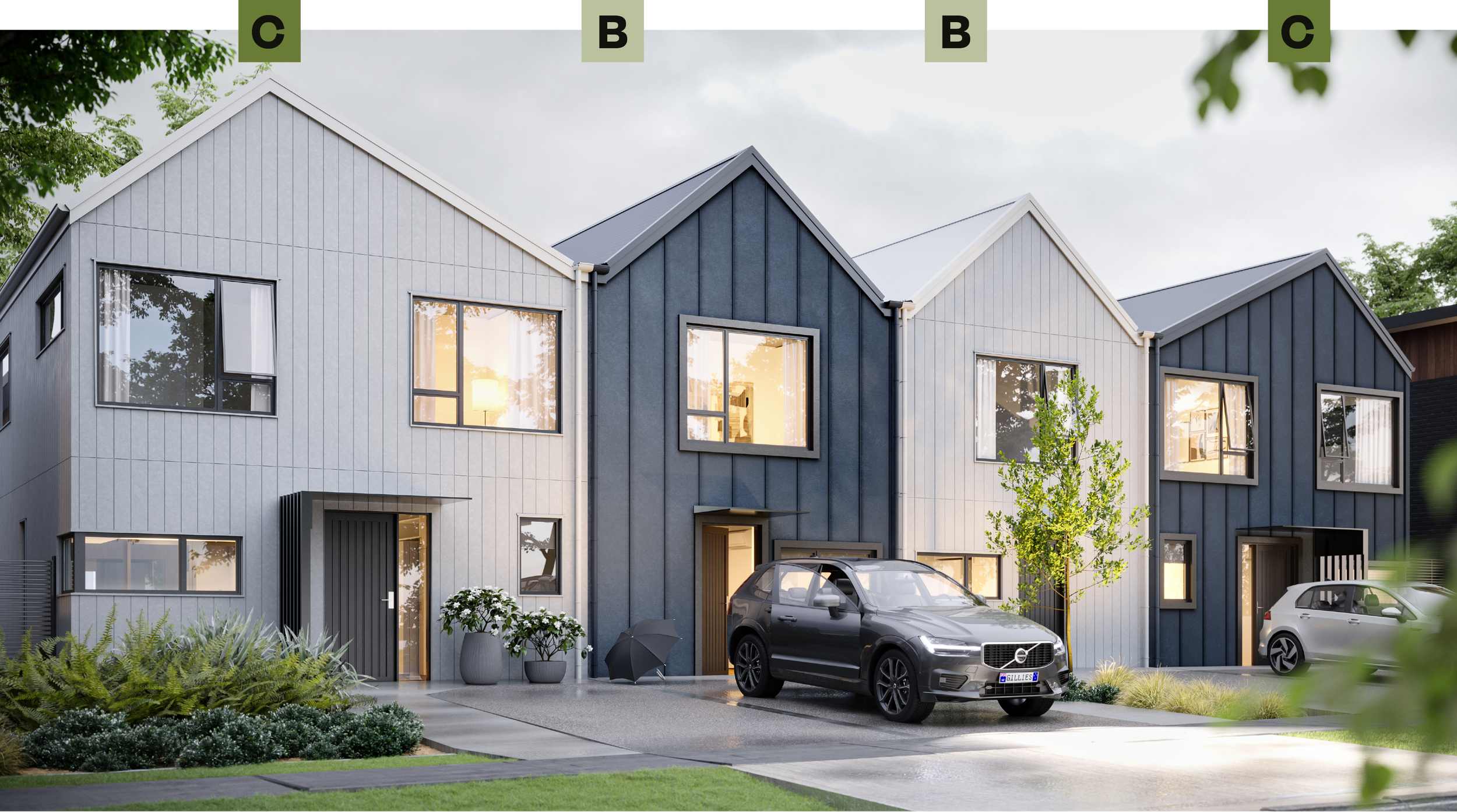 Type C and Type B townhouses for Wallaceville Estate's Trackside development feature light and dark exteriors, large windows and landscaping
