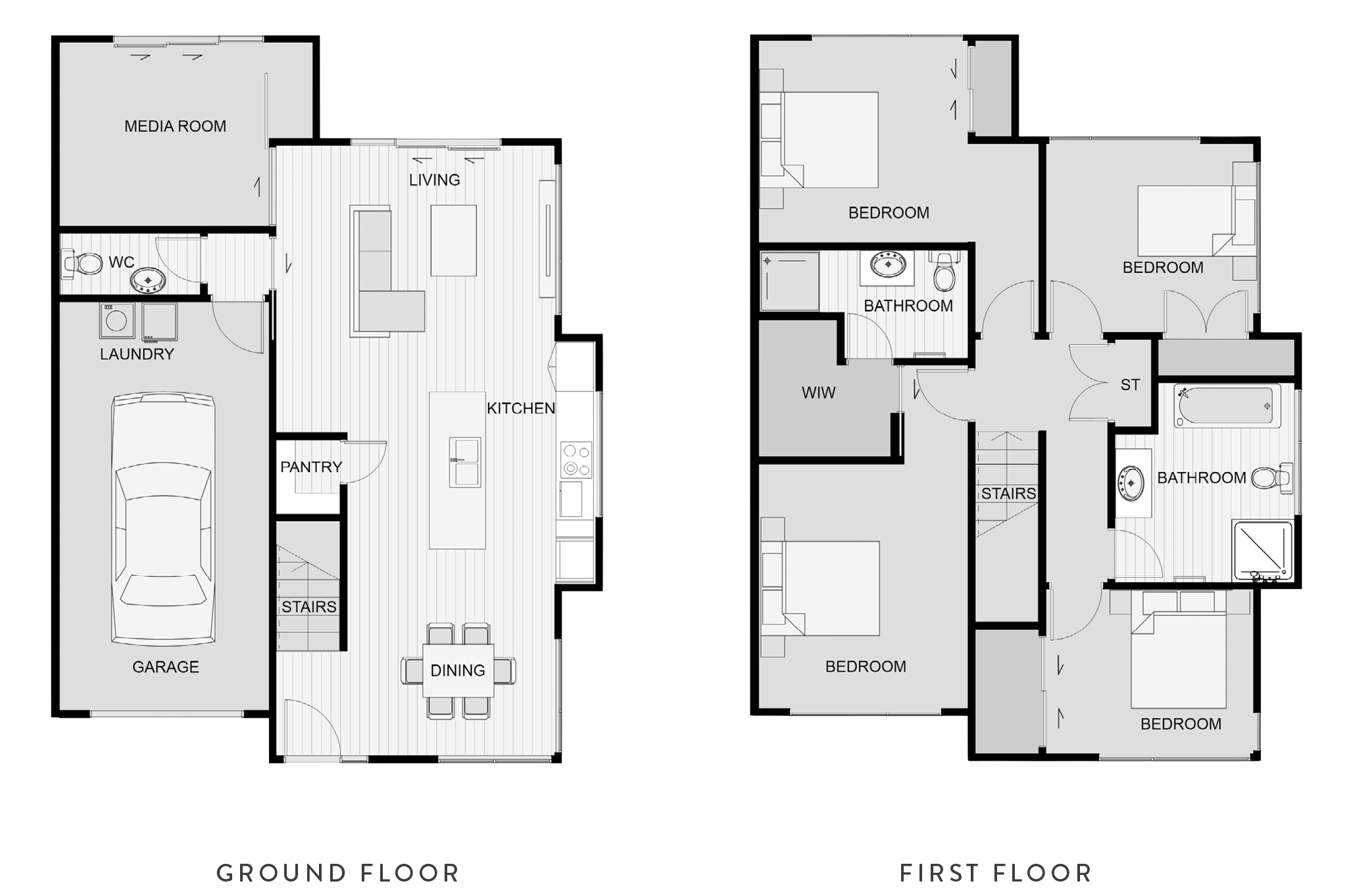 Ground and first floor plans for Type N, built in a Gillies Group Wallaceville Estate development