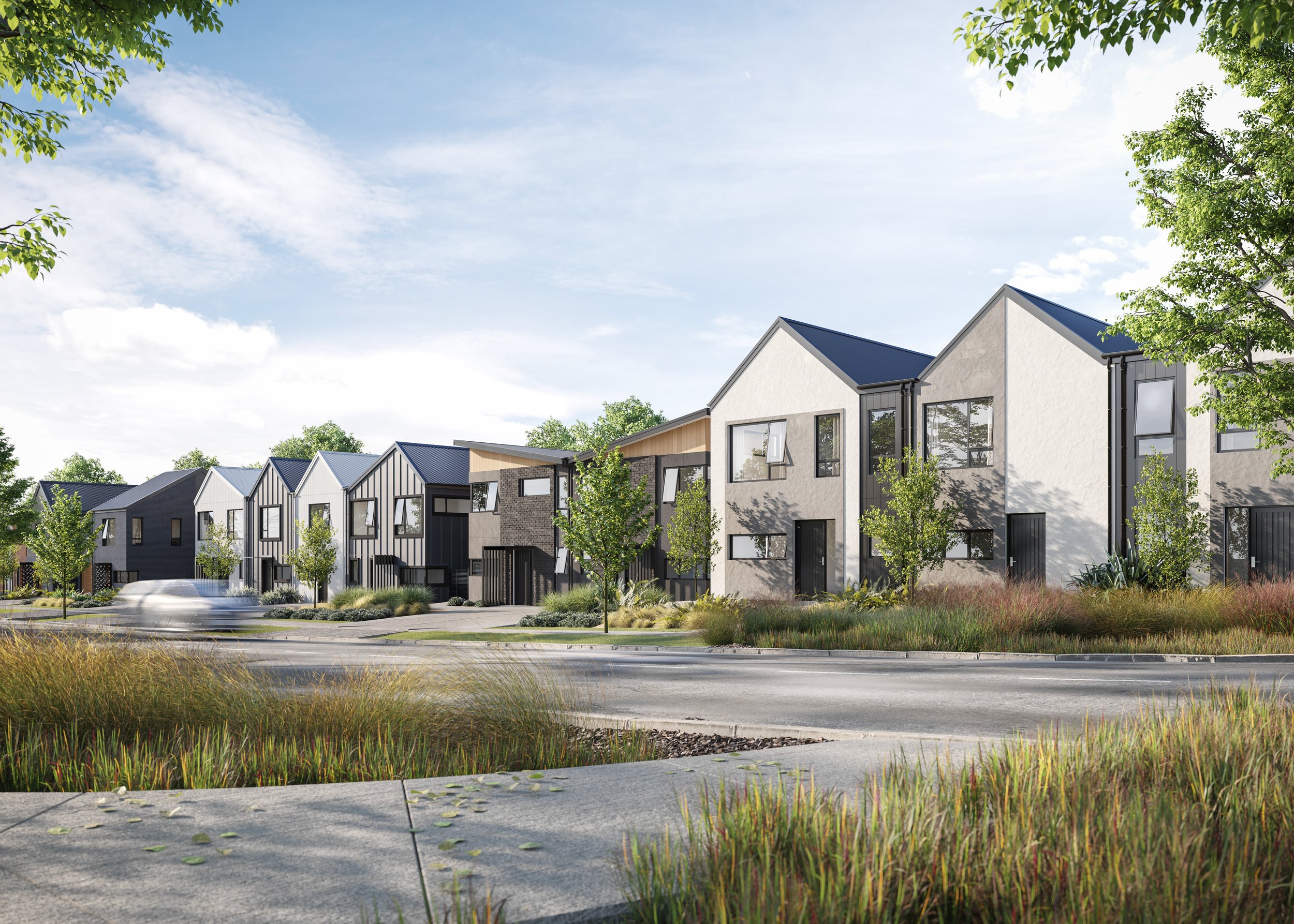 Urban Precinct's modern residential houses with contemporary design, large windows, and a mix of black and white exteriors, surrounded by greenery and trees on a sunny day is a perfect location for anyone looking to buy their dream home.