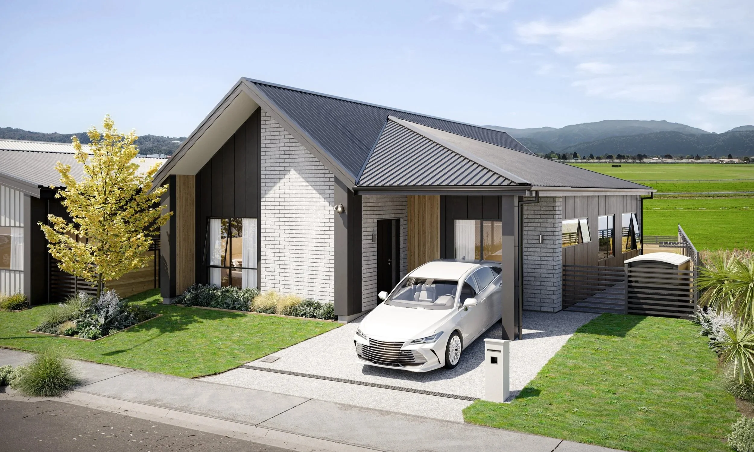 Wallaceville Estate Back Straight's Zabeel house type render shows a dedicated carport, and enclosed backyard and patio
