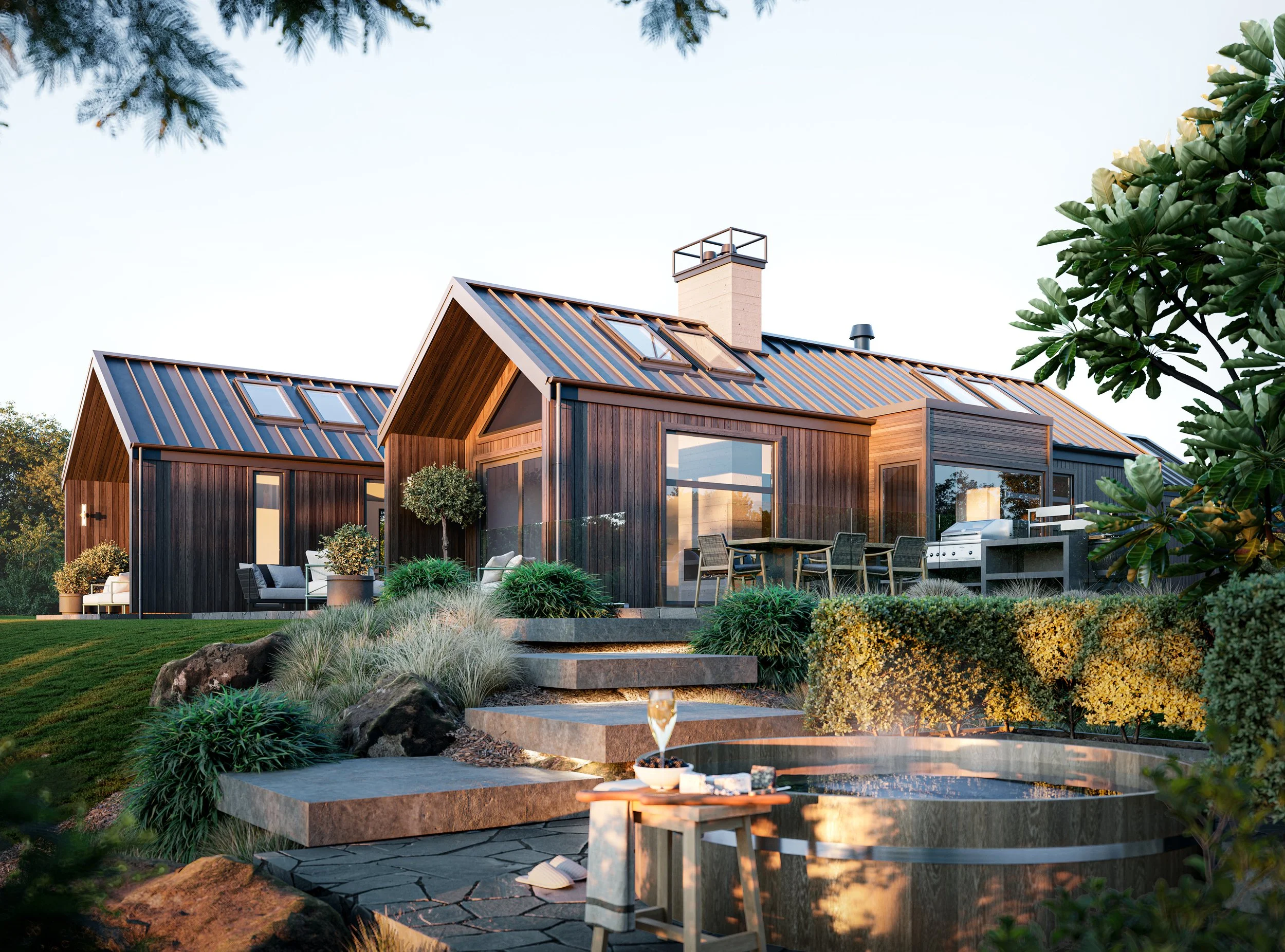 A render of a modern timber home at Maymorn Farm (a development by Gillies Group), featuring a metal roof, large windows and an outdoor patio with seating. The house is surrounded by lush greenery, rocks, and a hot tub in the foreground.