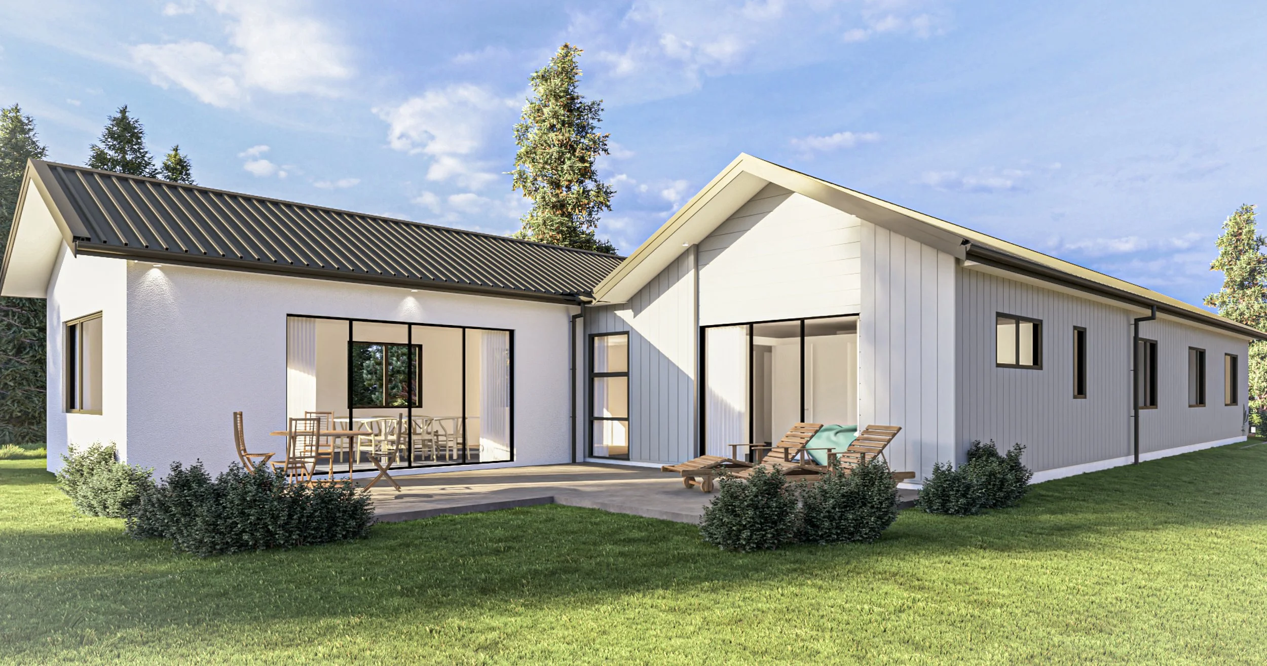 Backyard render of Lakelands shows large grass area and a patio with several seating options, perfect for entertaining or relaxing