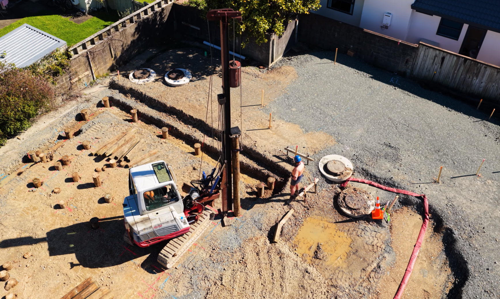 Putting piles in the ground for structural integrity at at The Brigade Residences, Fire House Lane, Marina Grove, Lower Hutt