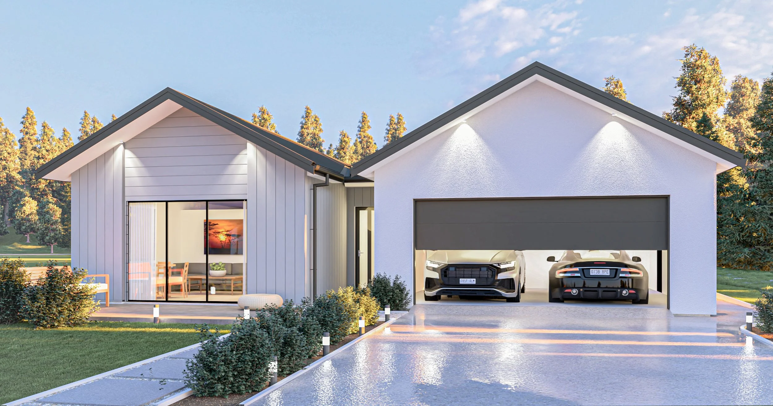 Exterior render of the front yard of turn-key home, Lakelands, showcases a double garage and manicured lawn with landscaping