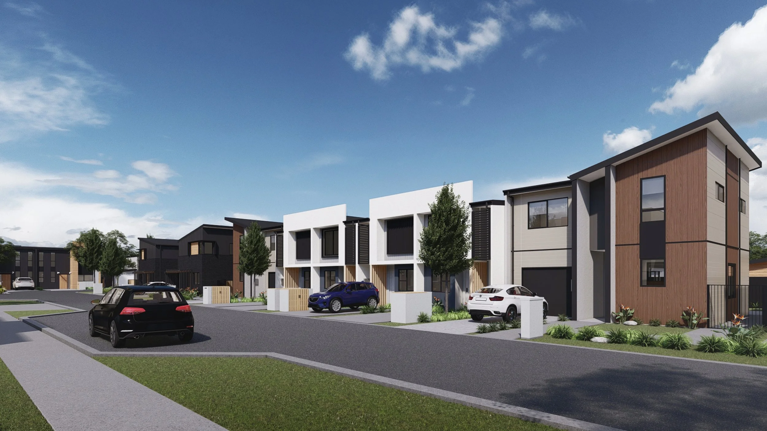 Render of a modern residential neighbourhood with contemporary townhouses, parked cars, and landscaped yards under a partly cloudy sky.