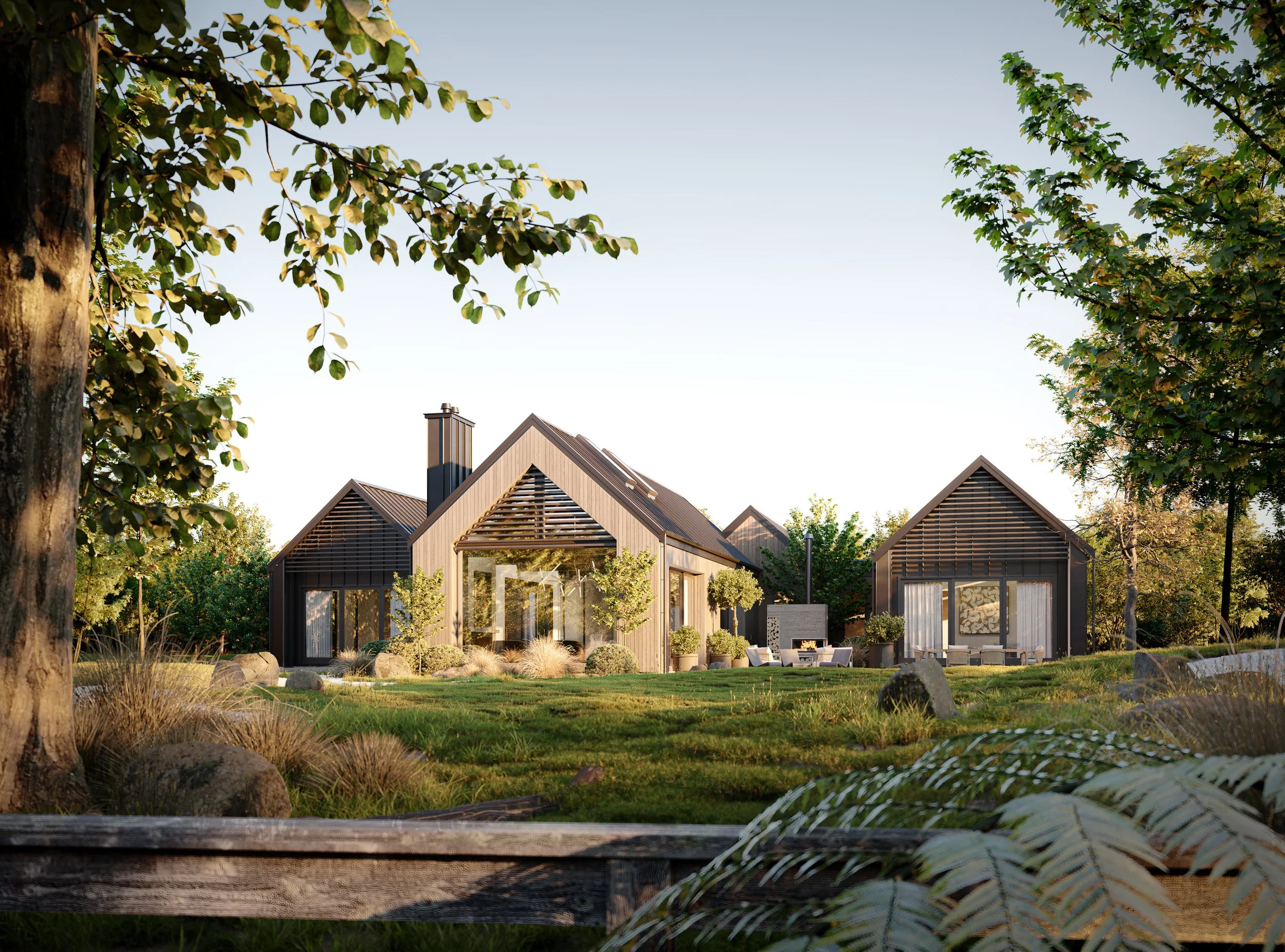 Render of a large home at Maymorn Farm, a development by Gillies Group in the Hutt Valley features gabled rooflines, large windows for indoor-outdoor flow and surrounding lush native greenery