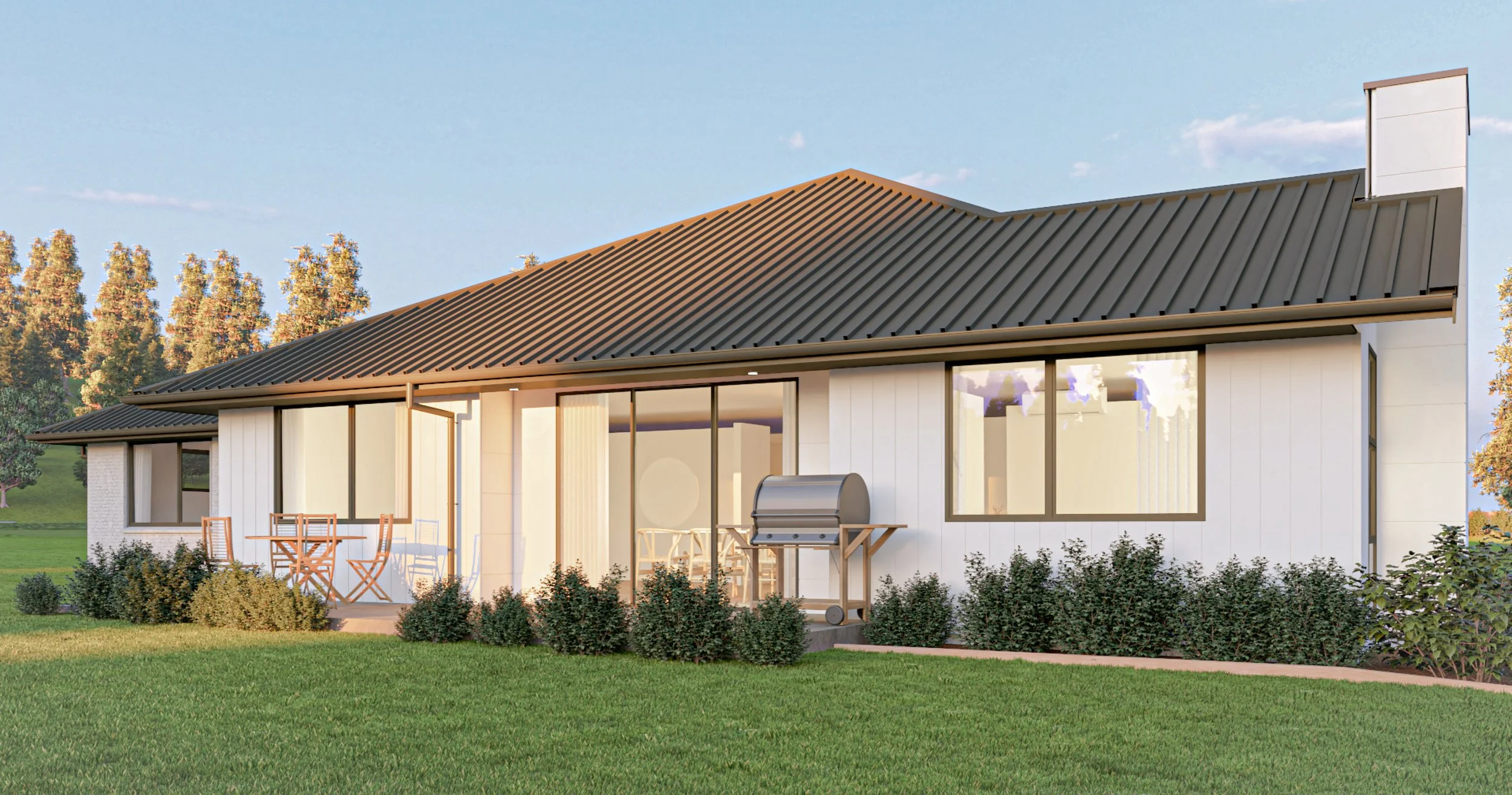 Exterior render of Portland showcases lush landscaping, large lawn area and a patio perfect for entertaining