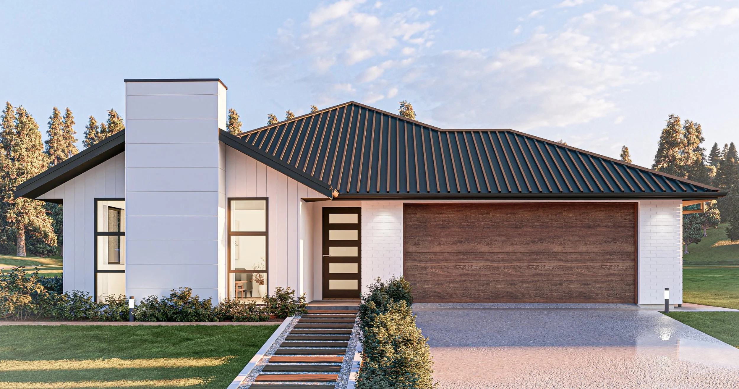 Render of a turn-key home design called Portland, designed for Maymorn Farm in Wellington features a double garage, chimney, and manicured gardens