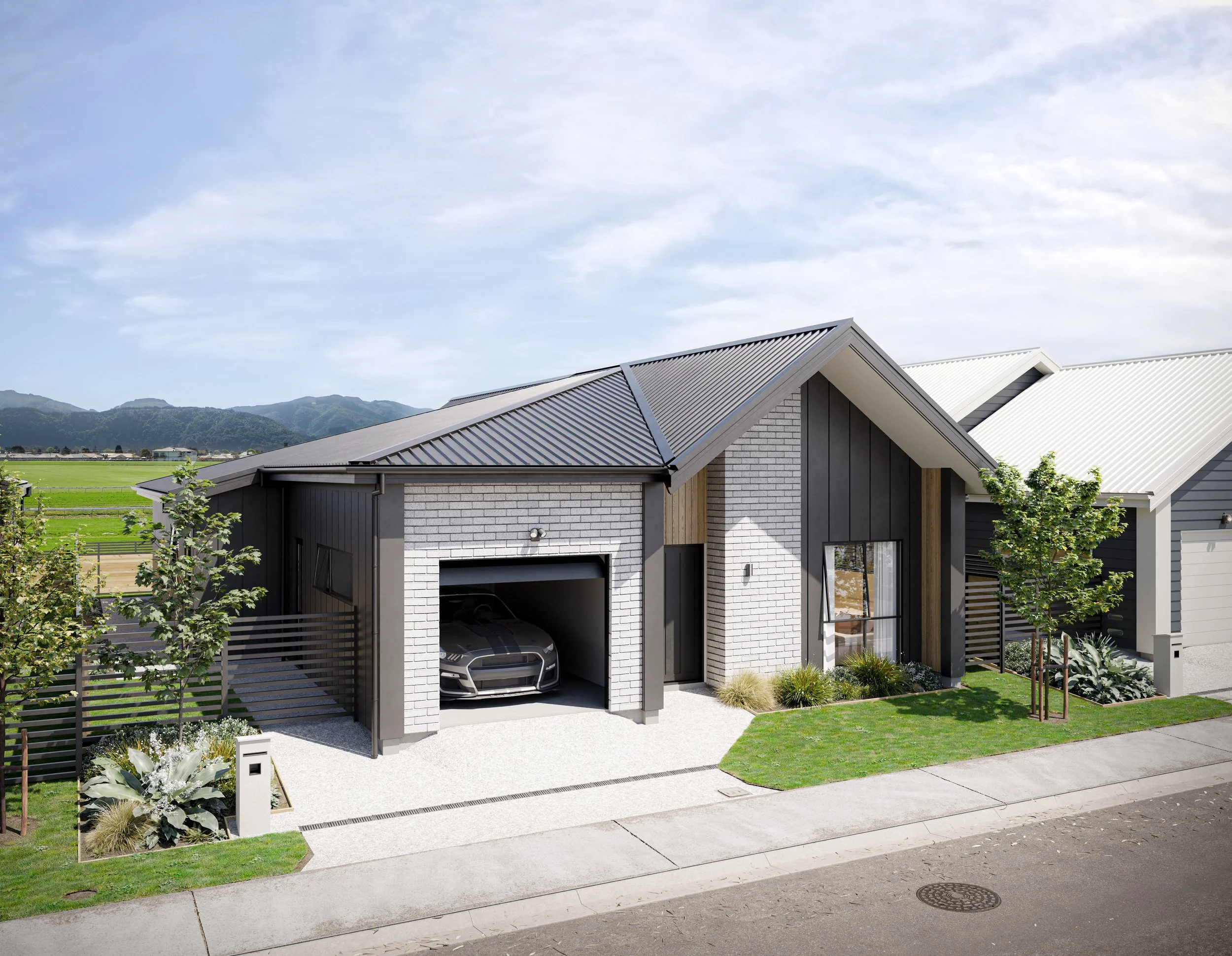 Exterior render of Melodybelle, a house type option in Back Straight Wallaceville Estate with white brick and dark siding exterior, and enclosed patio