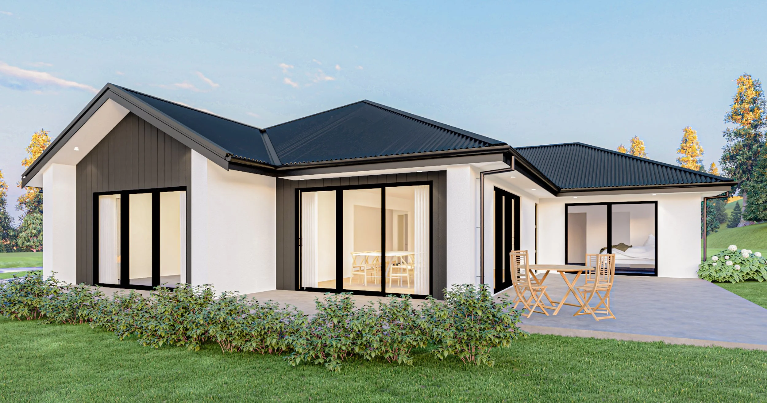 Backyard render of Bordeaux has a large patio and landscaped yard, a great space for families