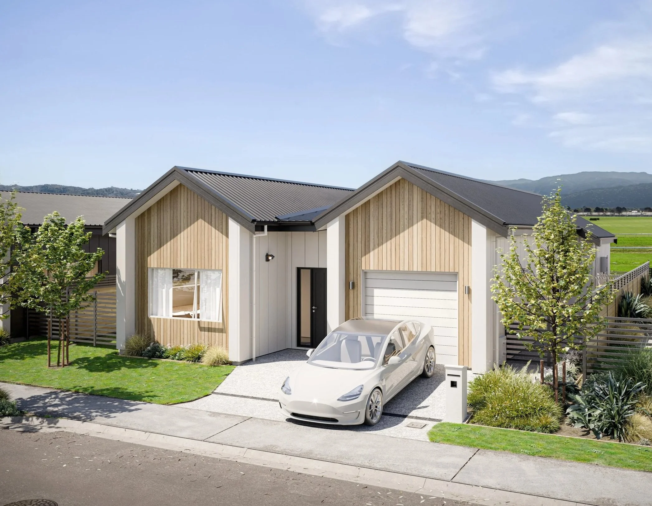 Sunline house type, available at the Wallaceville Estate Back Straight development, features manicured yards and light-coloured exterior siding