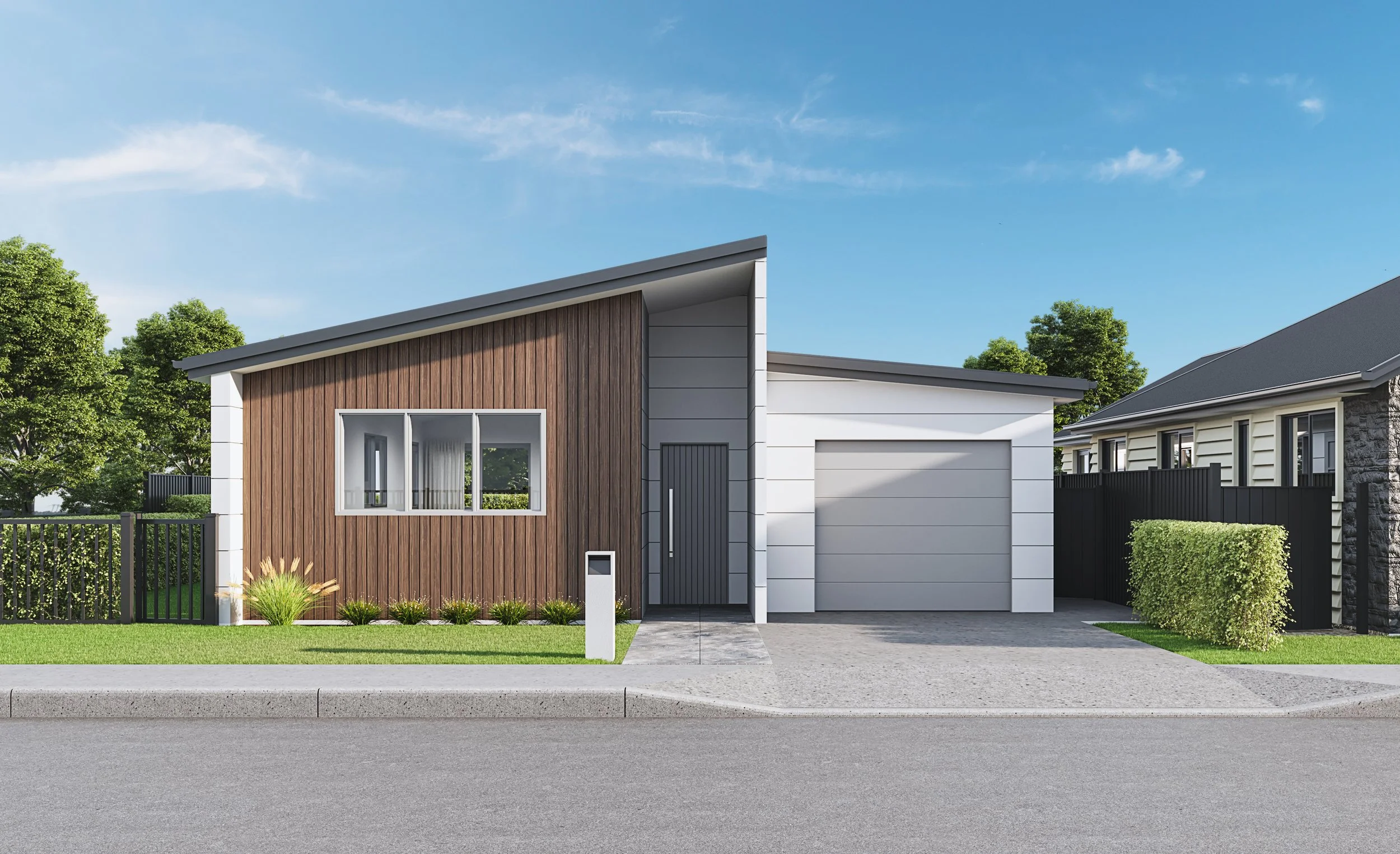 Exterior render of Tawa, a Brown Owl Park house design features a single garage, understated landscaping and mono-pitched roof