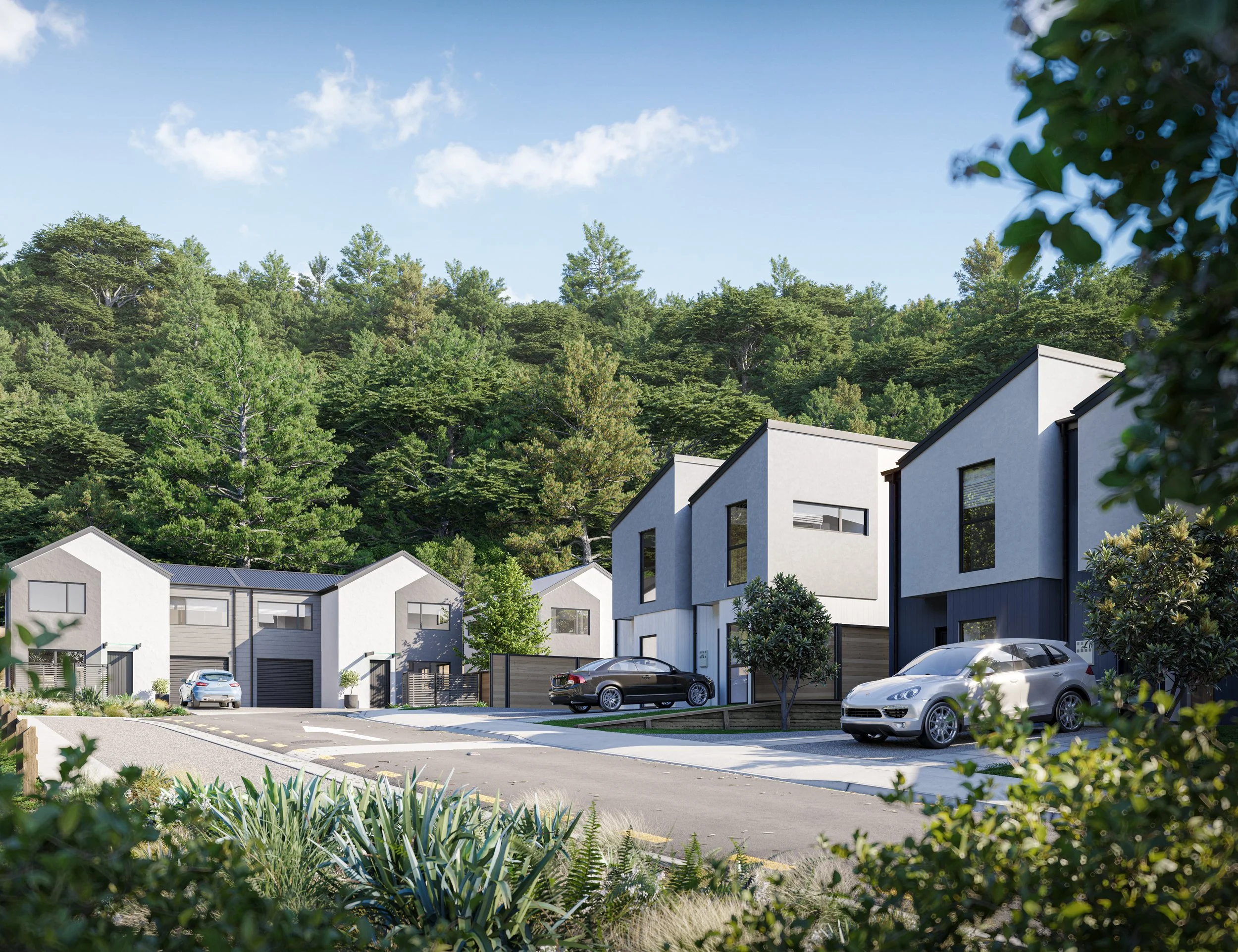 A render of modern residential buildings with parked cars in front, green trees on a hillside, and a clear blue sky for Urban Precinct in Wallaceville Estate.