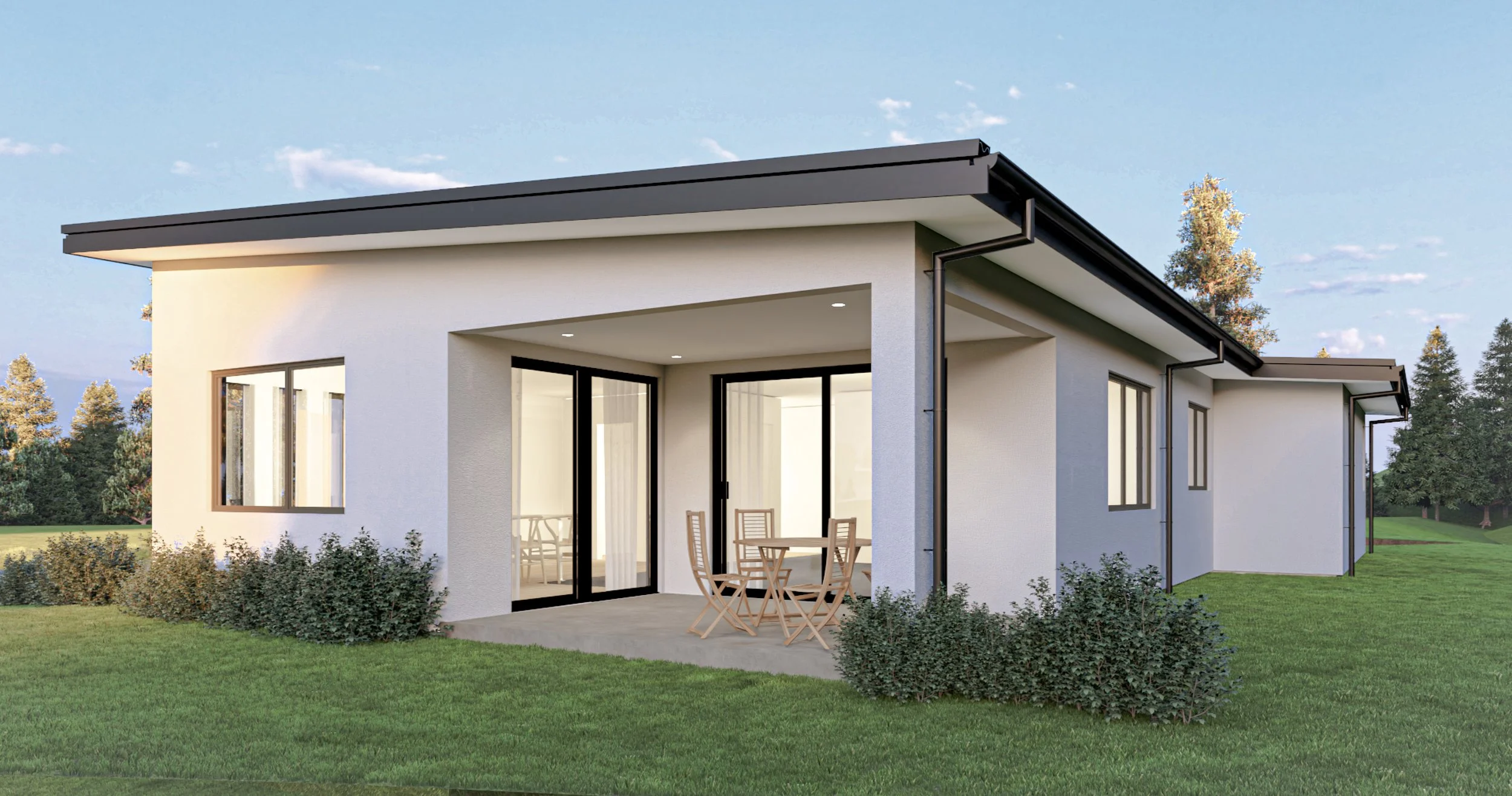 The backyard render of Wilton, a turn-key home design for Maymorn Farm, shows a covered patio and landscaping