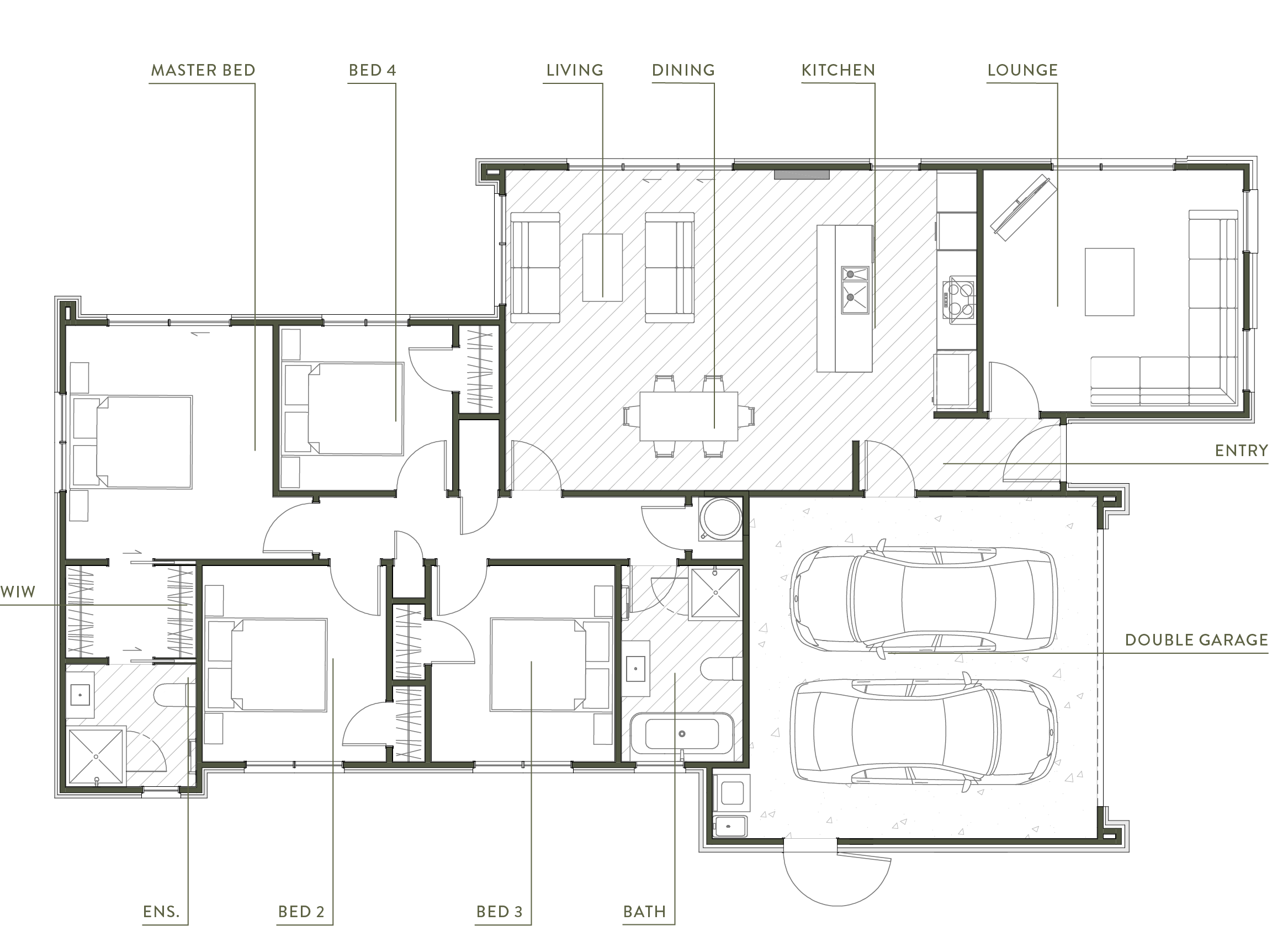 The floor plan of turn-key house design Kōwhai for Maymorn Farm, a residential development in Wellington by Gillies Group