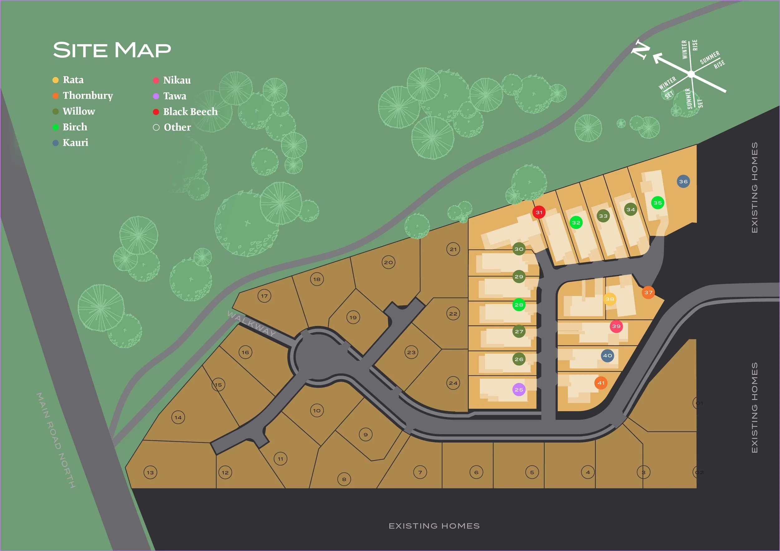 Full sitemap for Brown Owl Park, a development by Gillies Group, shows the different house types on each labelled lot