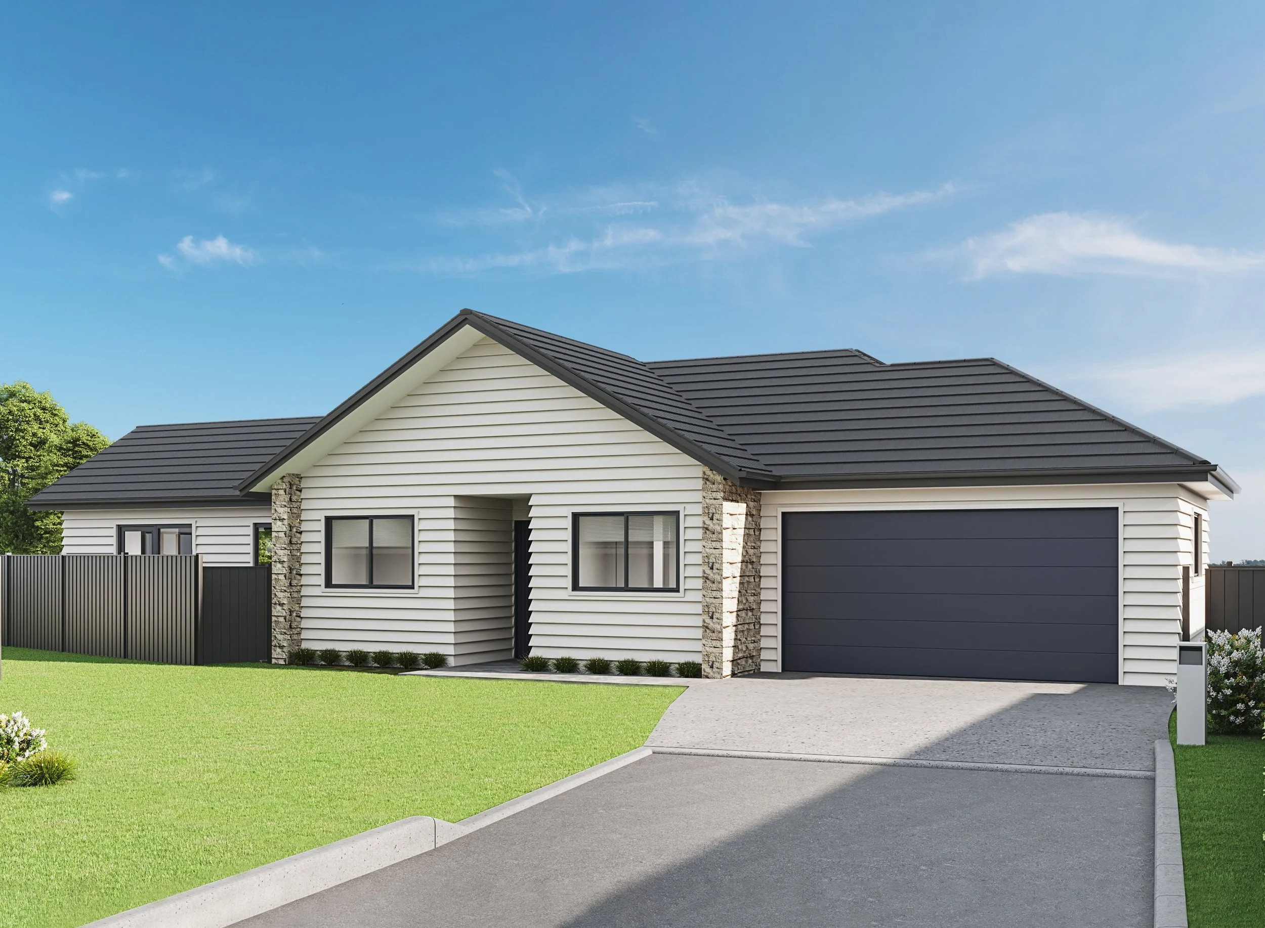 Black Beech render showcases a gabled roof, double garage and understated landscaping. From the Gillies Group development, Brown Owl Park