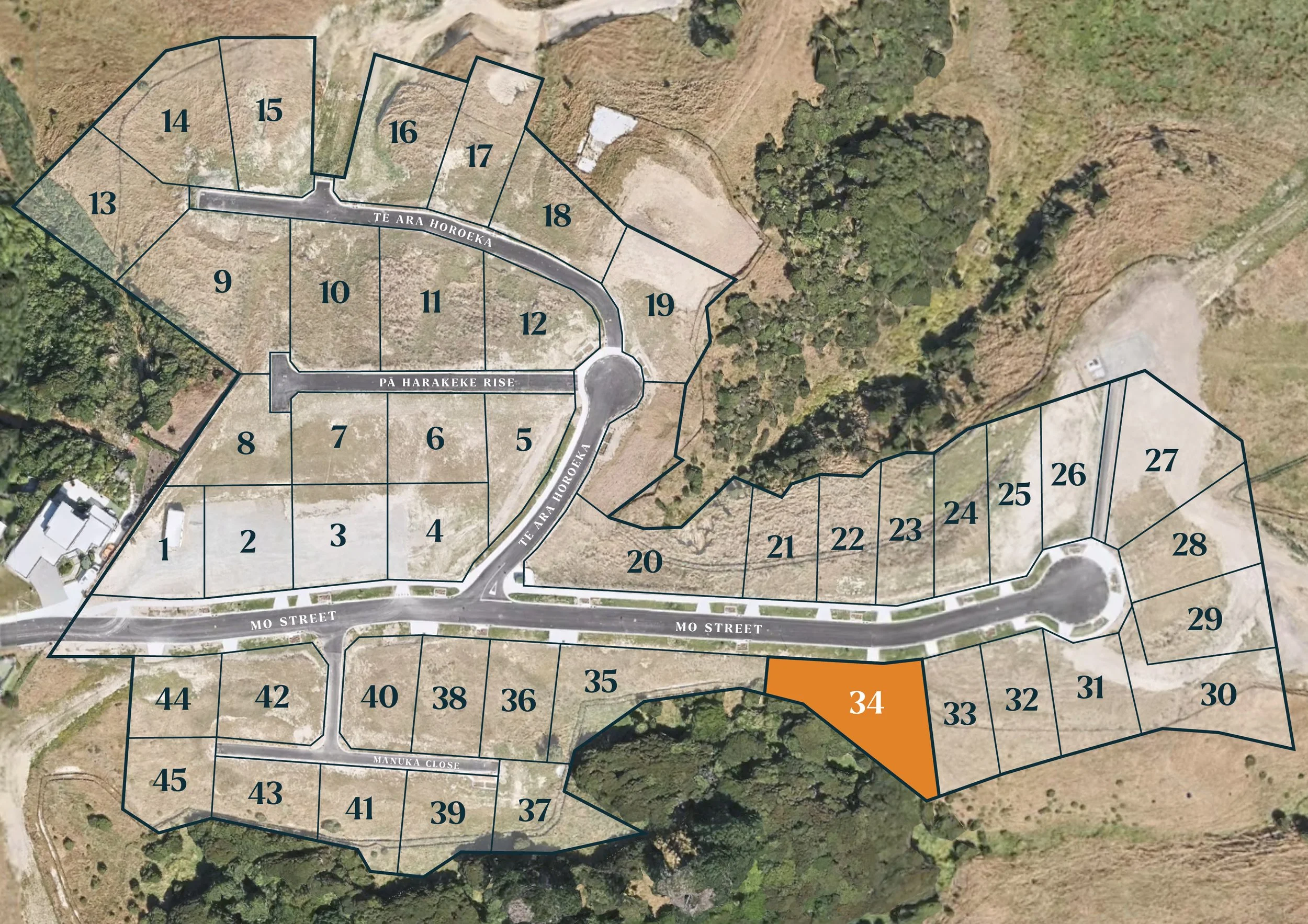 Sitemap with lot 34 highlighted at Plimmerton Heights, a recent Gillies Group development