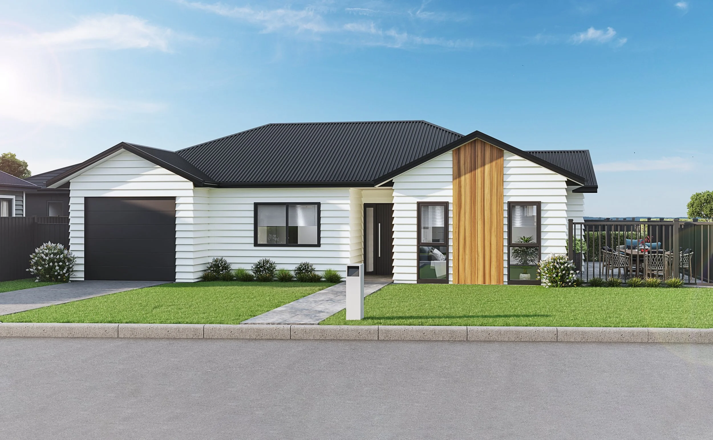 Exterior render of Brown Owl Park's house type, Rata, shows an enclosed backyard, single garage and feature wall siding