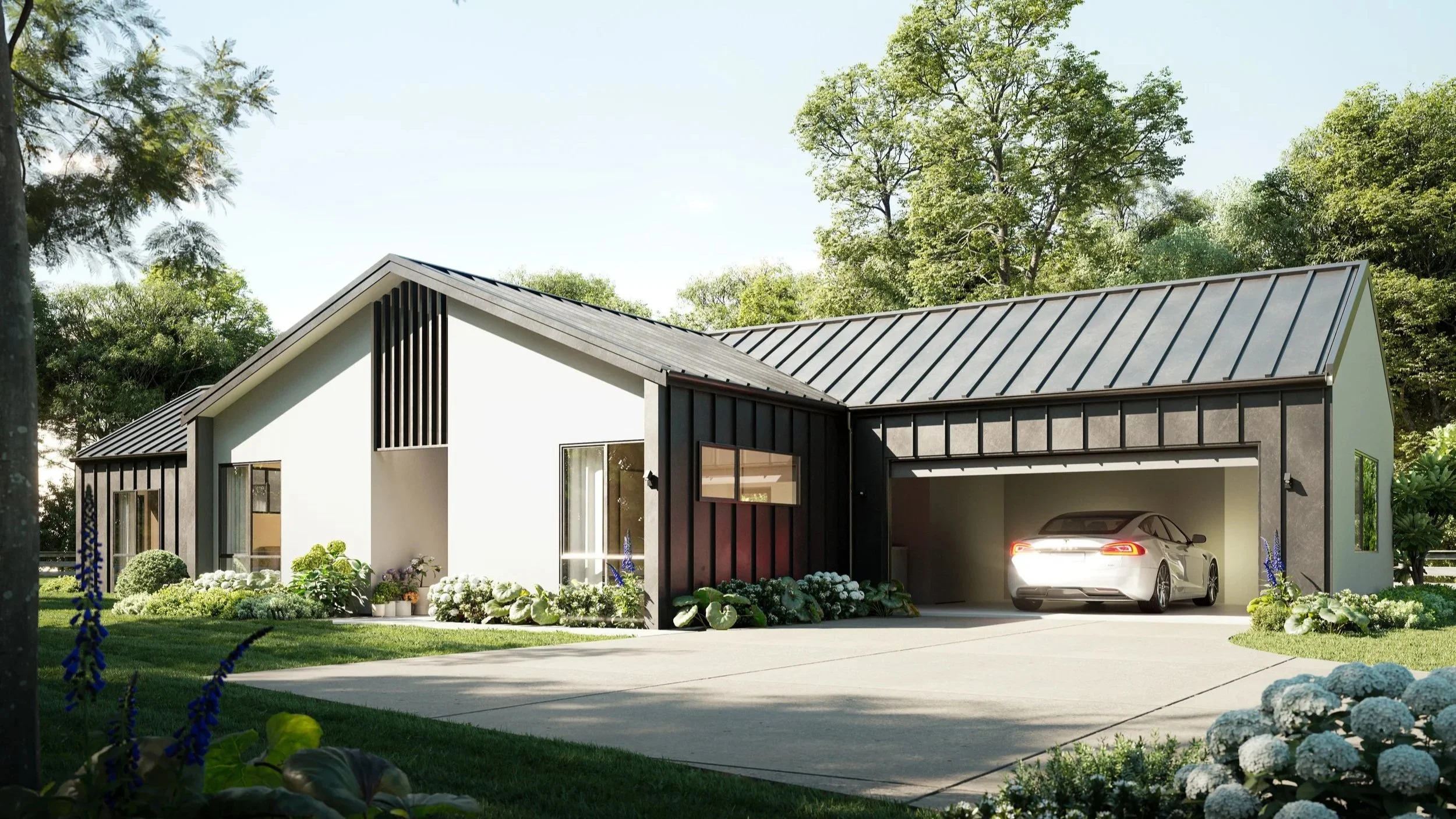 Exterior render of Karaka, a turn-key house designed for Maymorn Farm by Gillies Group shows a double garage home surrounded by lush greenery