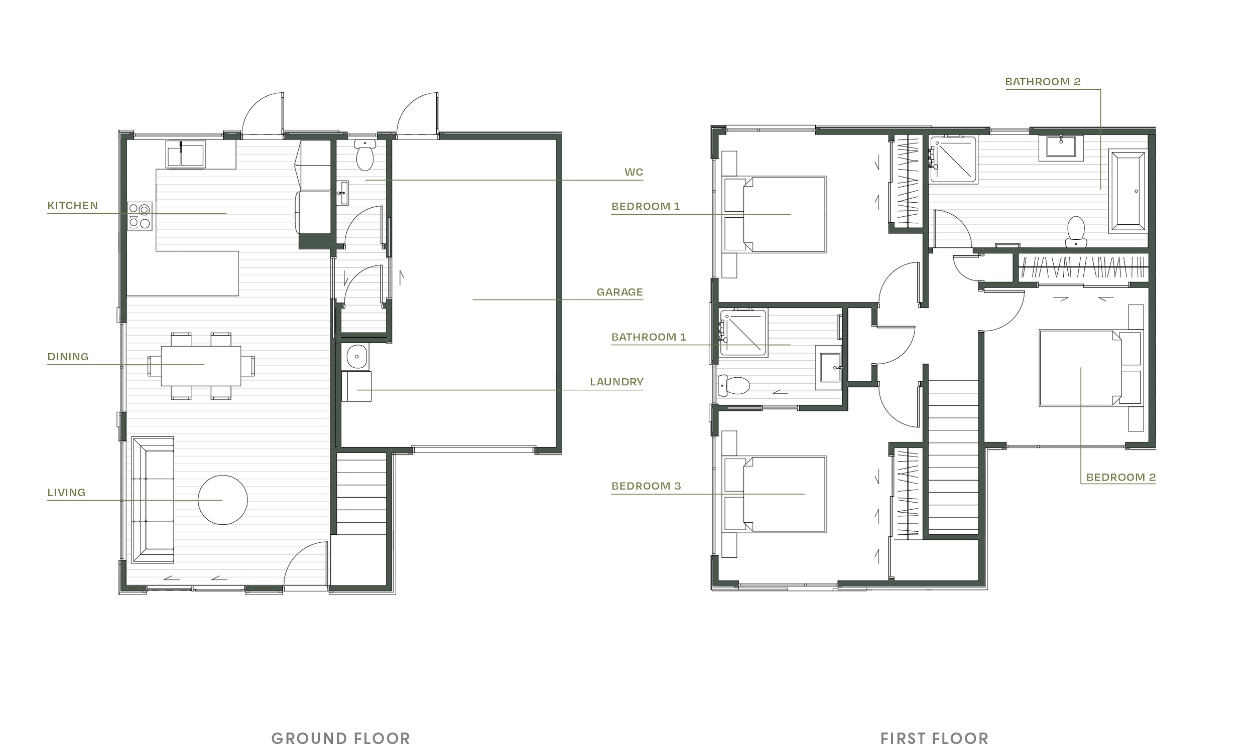 Ground and first floor plans for Type E, available as a home at the Trackside development
