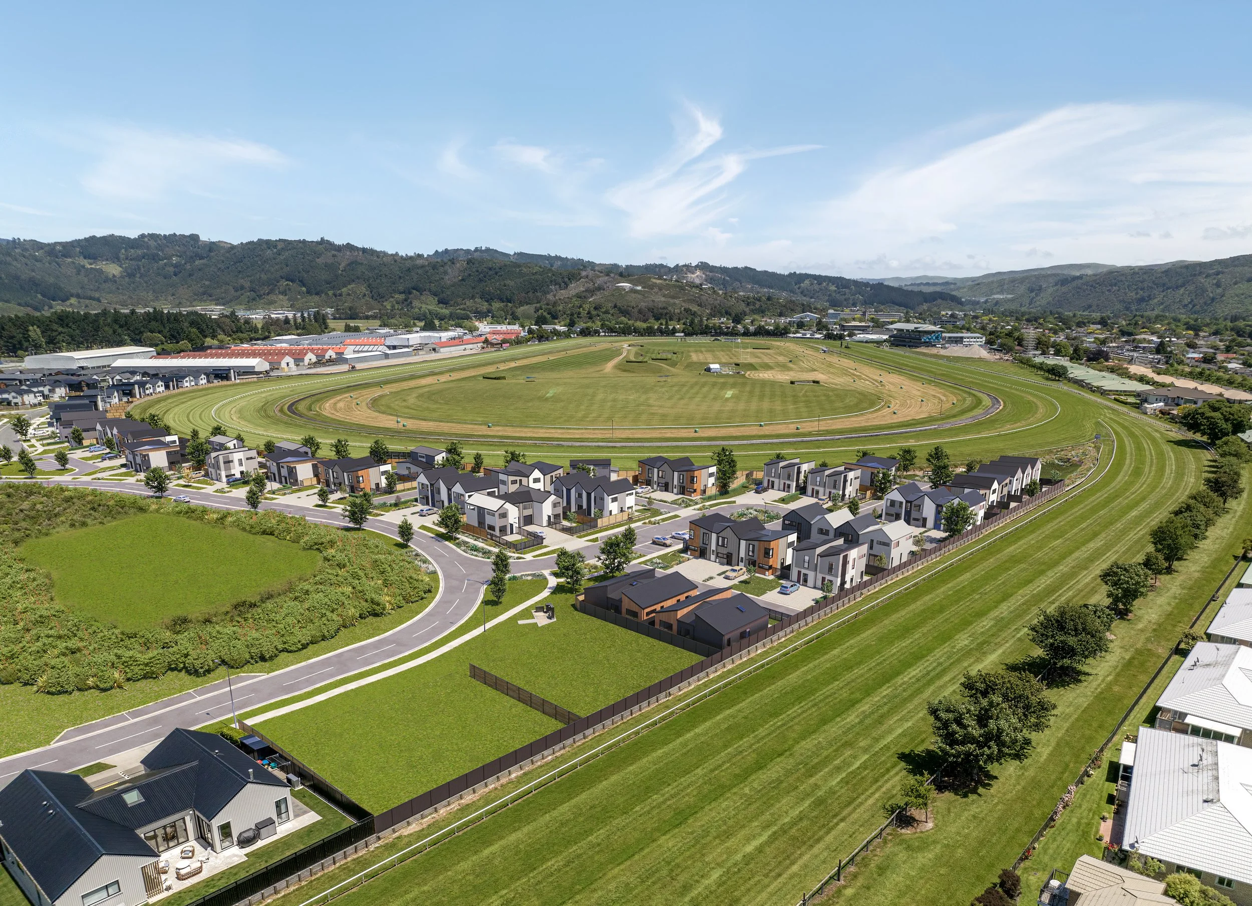Aerial render of Trentham racecourse with the Trackside development (a new development by Gillies Group in Wellington) visible.