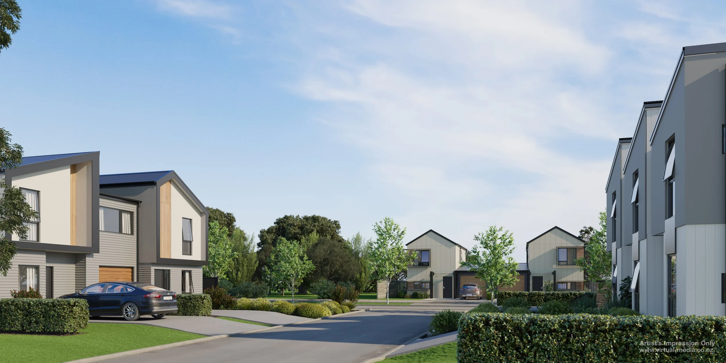 A modern suburban neighbourhood with contemporary houses, green lawns, trees, and parked cars under a blue sky with scattered clouds.