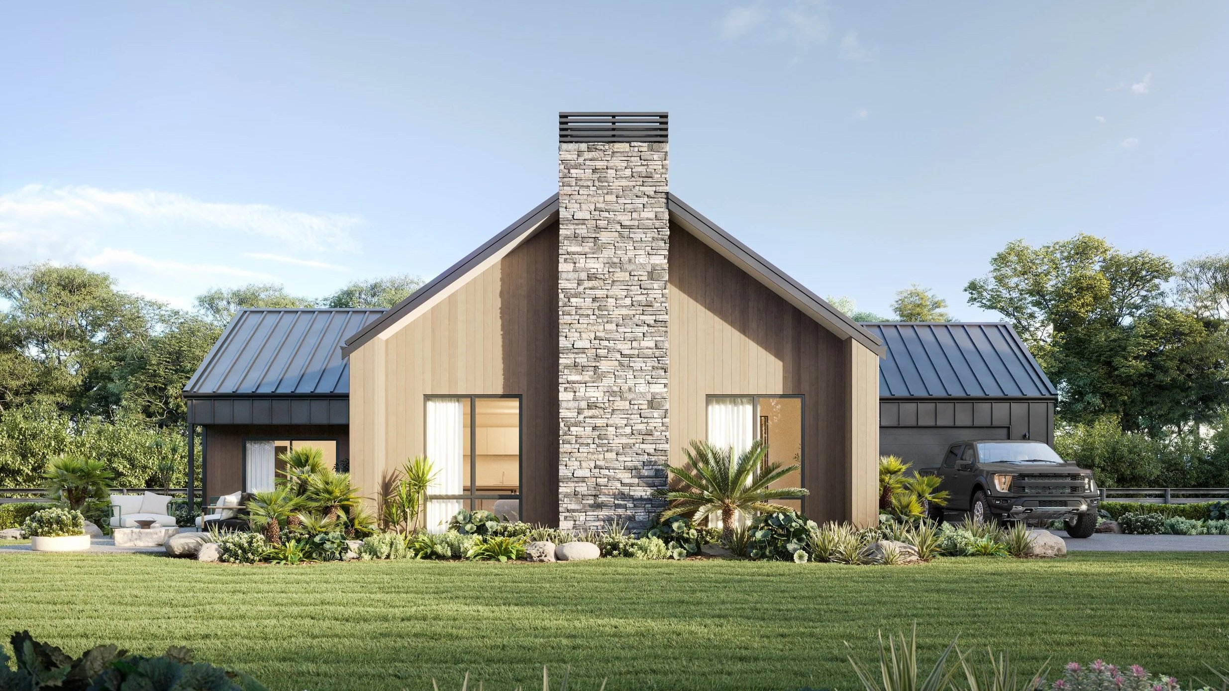 Exterior render of Matai, a turn-key Gillies Group home, features a lush garden, large fireplace chimney and double garage