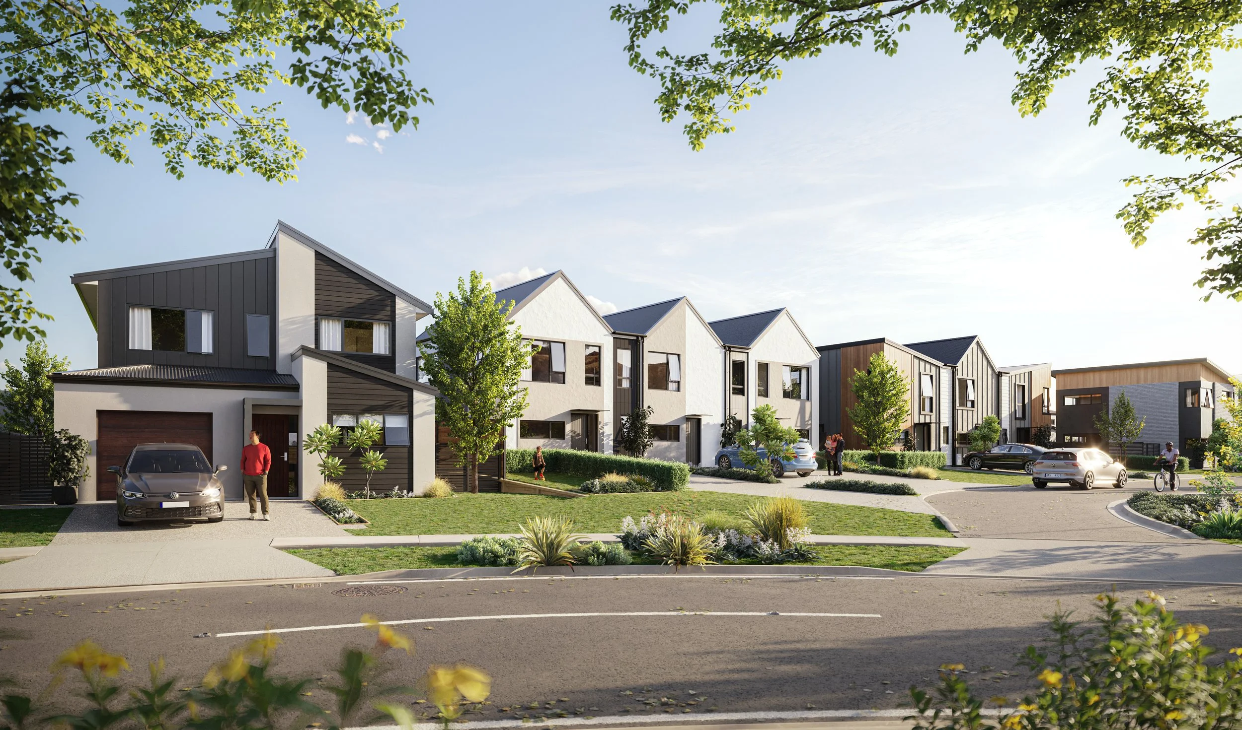 A streetview render of Trackside's modern residential neighbourhood with several contemporary houses, green lawns, trees, parked cars, and people walking and cycling on a sunny day.
