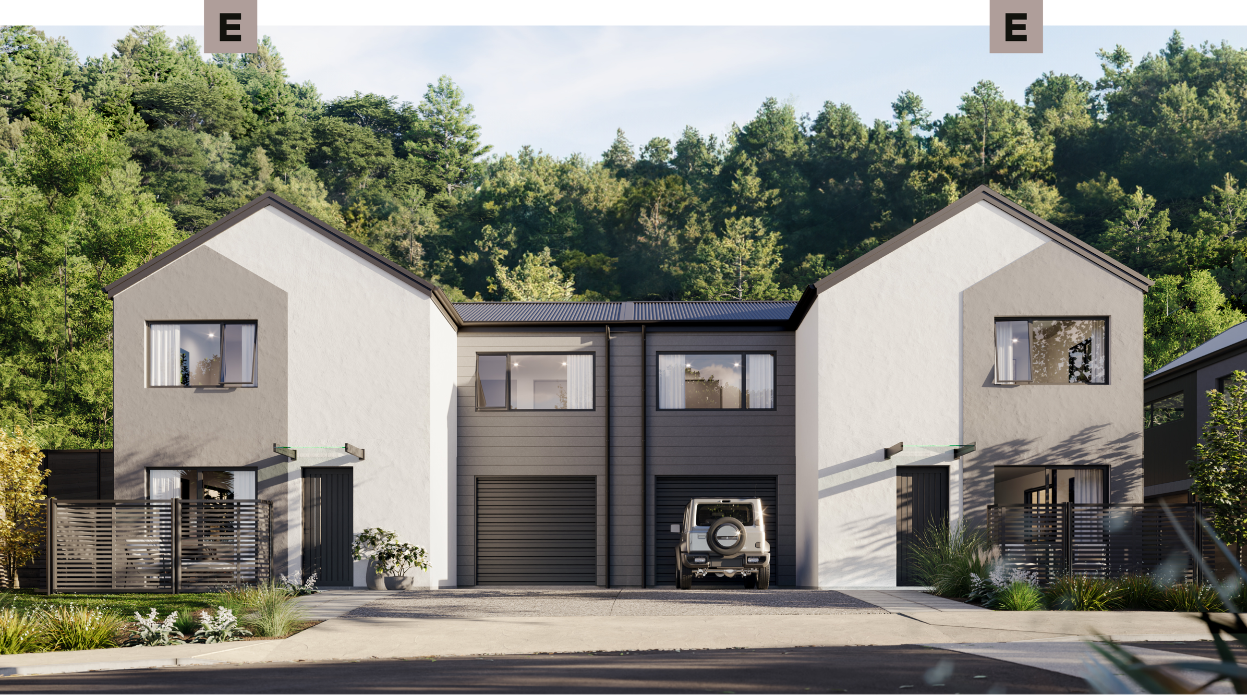 A render of Type E, a house design available at Trackside, Wallaceville Estate by Gillies Group, features an enclosed private patio and single garage, surrounded by greenery