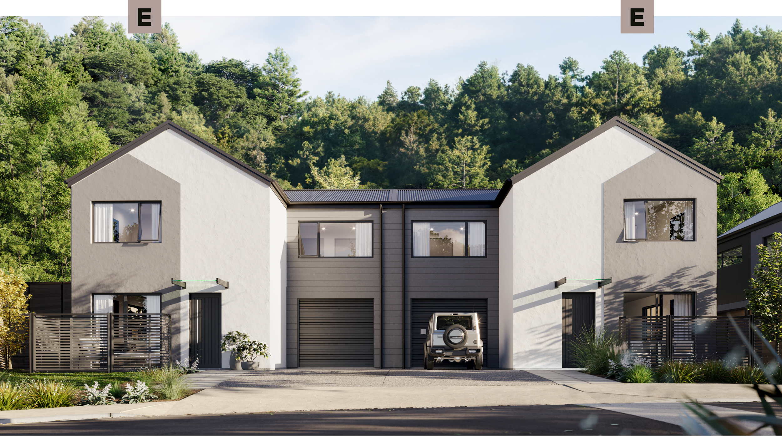 A render of Type E, a house design available atWallaceville Estate's Trackside development by Gillies Group, features an enclosed private patio and single garage, surrounded by greenery