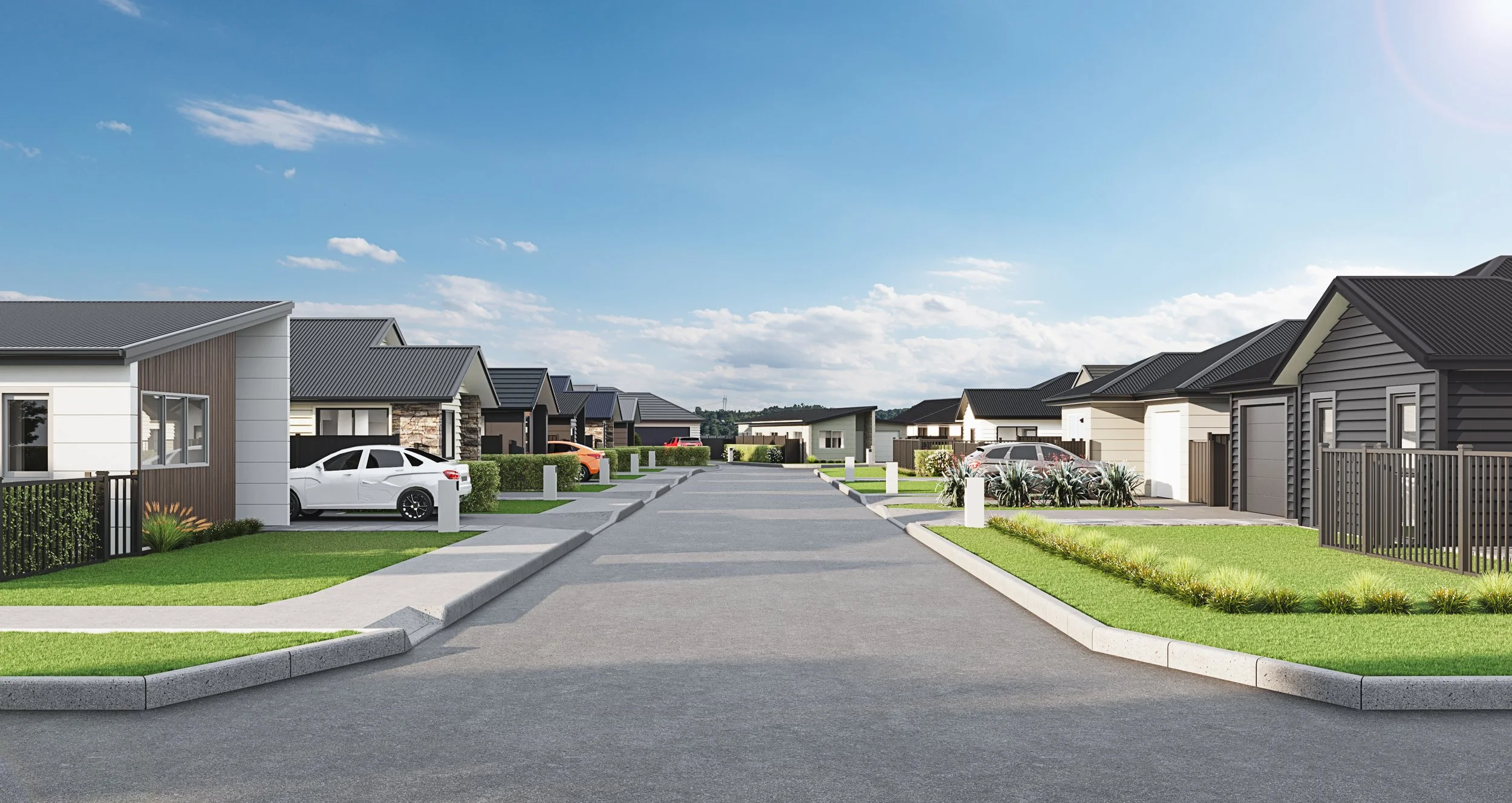 Located in Brown Owl Park, a suburban neighbourhood street render with modern homes, well-maintained lawns, and parked cars under a partly cloudy sky.